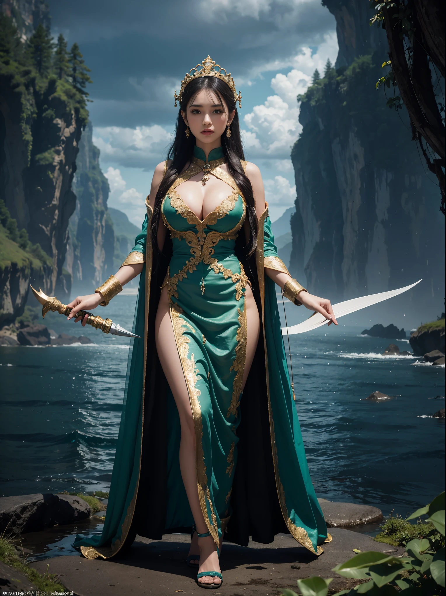 ((Perfectly insane textured)), ((Perfect proportional object arcithecture)), ((Perfect photo)), ((Super ekstremely detiled)), ((best quality)), ((masterpiece)), (bright face), (big boobs), (detailed), (full body), (anti aliasing), (standing tightly), (wearing high heels), (perfect proportion face), full body of southeast asian woman, beautiful face, Baroque masterpiece, nyi roro kidul, wear green kebaya, traditional javanese dress, casting an enchanting huge dragon spell on the waters, summoning her supernatural powers., Mysterious, green eyes, long black hair, realistic, 4K resolution, masterpiece, best quality, detailed, 8k, ultra detailed, flying in the ocean, thunder, dark cloud, looking straight, ultra hd, realistic, vivid colors, highly detailed, UHD drawing, pen and ink, perfect composition, beautiful detailed intricate insanely detailed octane render trending on artstation, 8k artistic photography, photorealistic concept art, soft natural volumetric cinematic perfect light, perfect composition, natural, ultra realistic, photo-realism, intricate detailed, insanely detailed, hyper detailed, sharp focus, intricate details, highly detailed, symmetry, intricate, volumetric lighting, beautiful, rich deep colors masterpiece, sharp focus, ultra detailed