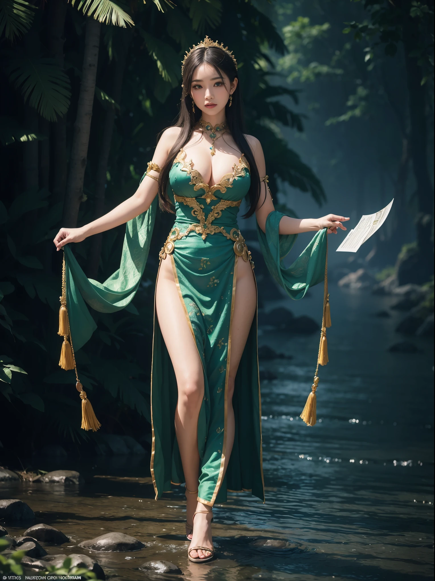 ((Perfectly insane textured)), ((Perfect proportional object arcithecture)), ((Perfect photo)), ((Super ekstremely detiled)), ((best quality)), ((masterpiece)), (bright face), (big boobs), (detailed), (full body), (anti aliasing), (standing tightly), (wearing high heels), (perfect proportion face), full body of southeast asian woman, beautiful face, Baroque masterpiece, nyi roro kidul, wear green kebaya, traditional javanese dress, casting an enchanting huge dragon spell on the waters, summoning her supernatural powers., Mysterious, green eyes, long black hair, realistic, 4K resolution, masterpiece, best quality, detailed, 8k, ultra detailed, flying in the ocean, thunder, dark cloud, looking straight, ultra hd, realistic, vivid colors, highly detailed, UHD drawing, pen and ink, perfect composition, beautiful detailed intricate insanely detailed octane render trending on artstation, 8k artistic photography, photorealistic concept art, soft natural volumetric cinematic perfect light, perfect composition, natural, ultra realistic, photo-realism, intricate detailed, insanely detailed, hyper detailed, sharp focus, intricate details, highly detailed, symmetry, intricate, volumetric lighting, beautiful, rich deep colors masterpiece, sharp focus, ultra detailed