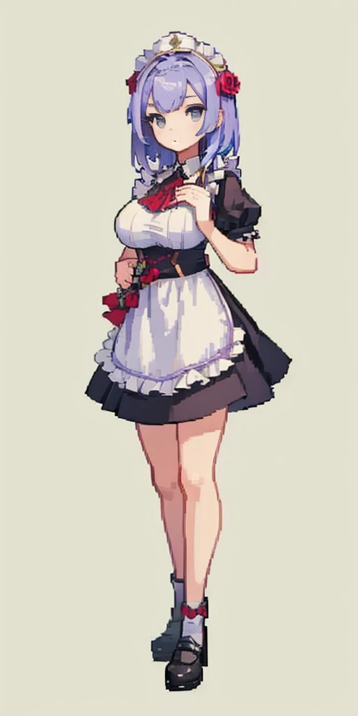 (masterpiece, top quality, best quality), 1girl, large breasts, big breast, Noelle Genshin Impact, Maid uniform, full body symmetrical looking to the viewer