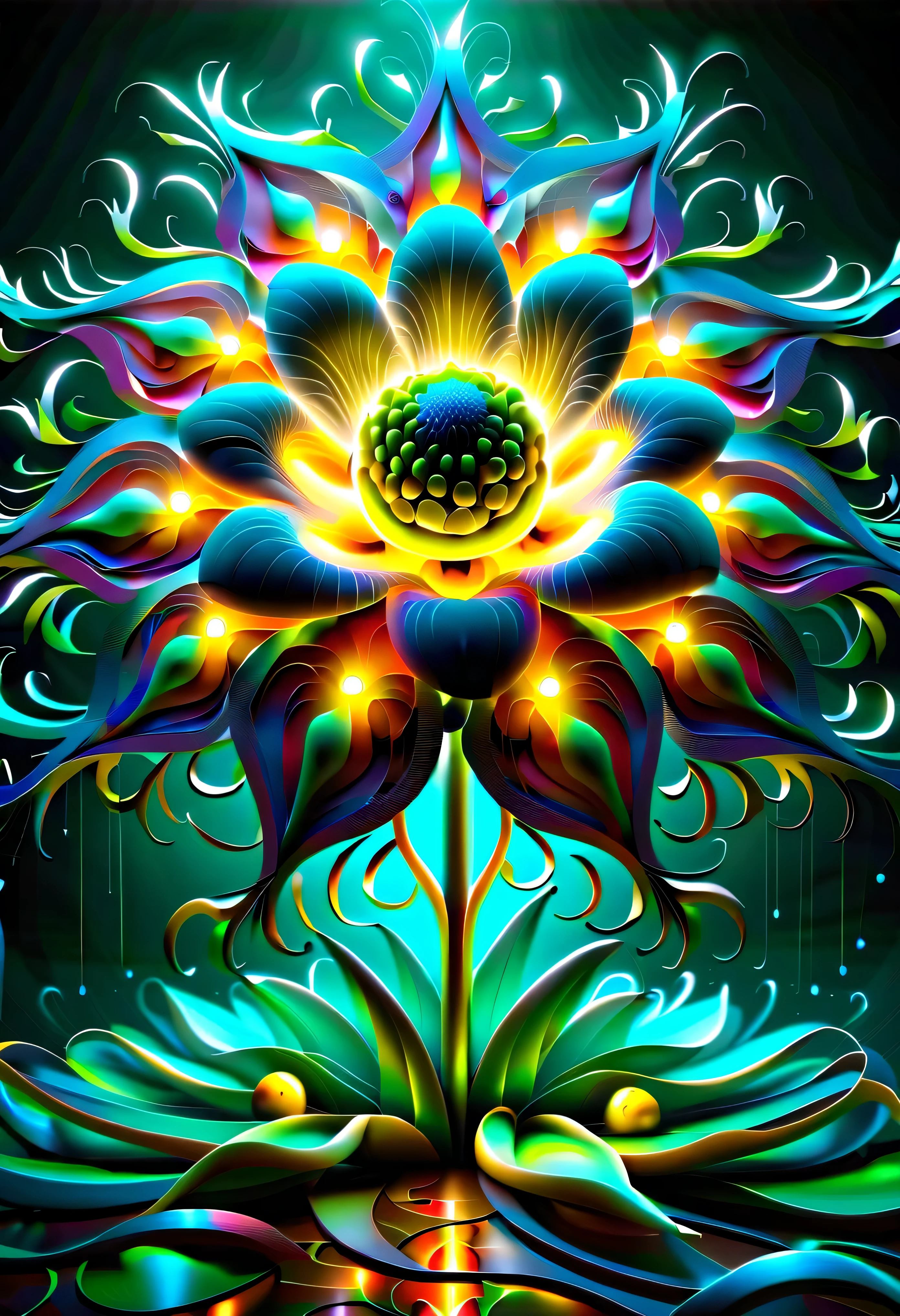 pintura cgi abstrata, epic surreal  flower, divino, plantas de fantasia sombria, beauty glow neuron fruit, flores bioluminescentes ao redor, mundo escuro do mundo maravilhoso, bioluminescent radiation, many  flowers have a vision, vision of many cynicisms, loucura, frenesi, flor louca, Arrebatamento, brilho do fanatismo, oil painting, spatula and brush strokes supplement, intrincado, maluco, brilho de beleza assustador, alto contraste, profundidade do mar inspirada, cores escuras ricas, high resolution, hyper realistic, trabalho de pincel de detalhe, stunning intrincado detail 8k rendering, alta qualidade, Qualidade Superior, best quality, verdadeira obra-prima, masterpiece lighting, cinematic angle, glass floor,