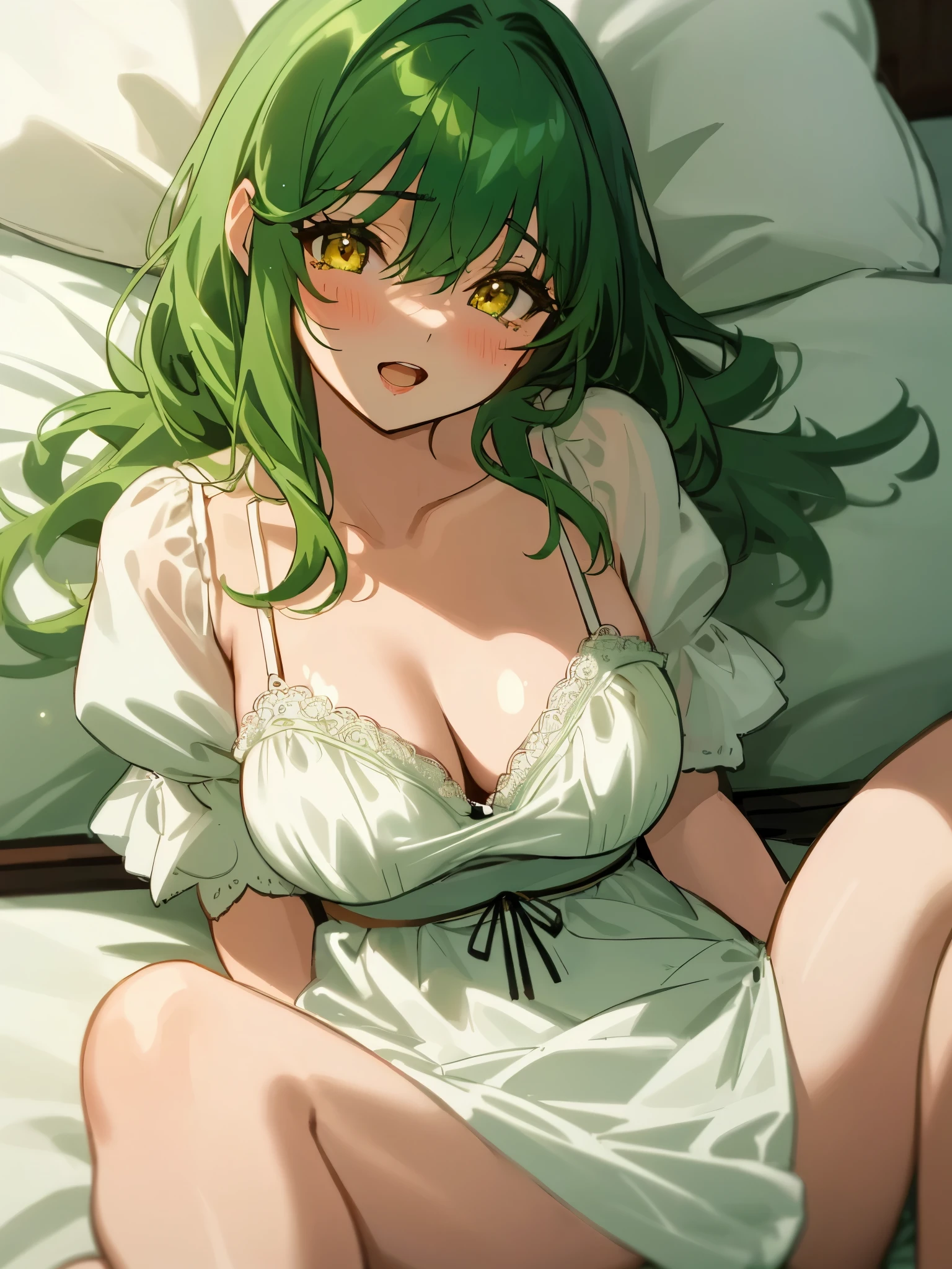 masterpiece、top-quality、extremely delicate and beautiful女性、full bodyesbian、cleavage of the breast、extremely delicate and beautiful、Very elaborate、girl with、(lyin in bed,opening legs)、(green colored hair、Hair splashed outside、bangss)、hyperdetailed face、A detailed eye、Hanging、sparkling yellow eyes、Red cheeks、narrow her eyes、Open mouth、White dress,bedroom