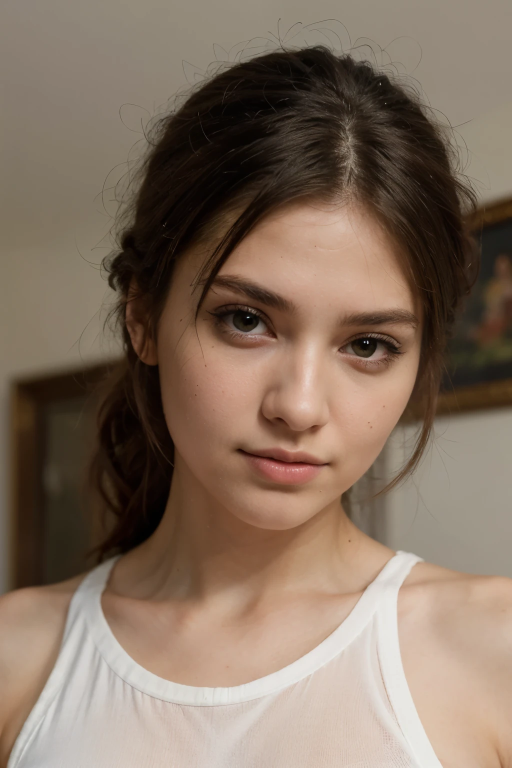 masutepiece、top-quality、hight resolution、Eleonora Pavinato, 13 years old, Youngest headshot in the room sweter z dużym dekoltem you can see big breasts Beautiful bust girl Black hair Bun hair Beautiful firm breasts are big comb oczami seksowna