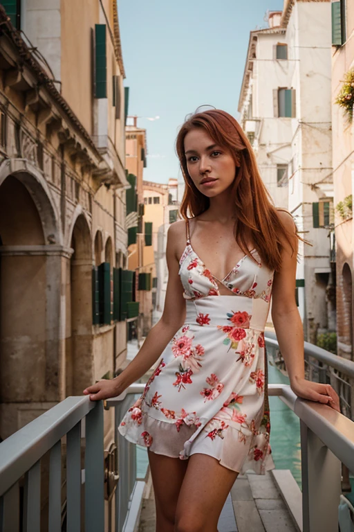 a cuyrly redhead woman standing in a balcony in a flowery dress in venice whole body shot on a sony a7r5 camera 35mm lens, highly detailed, highly realistic, cool body, photography, fashion, cinematic, photo