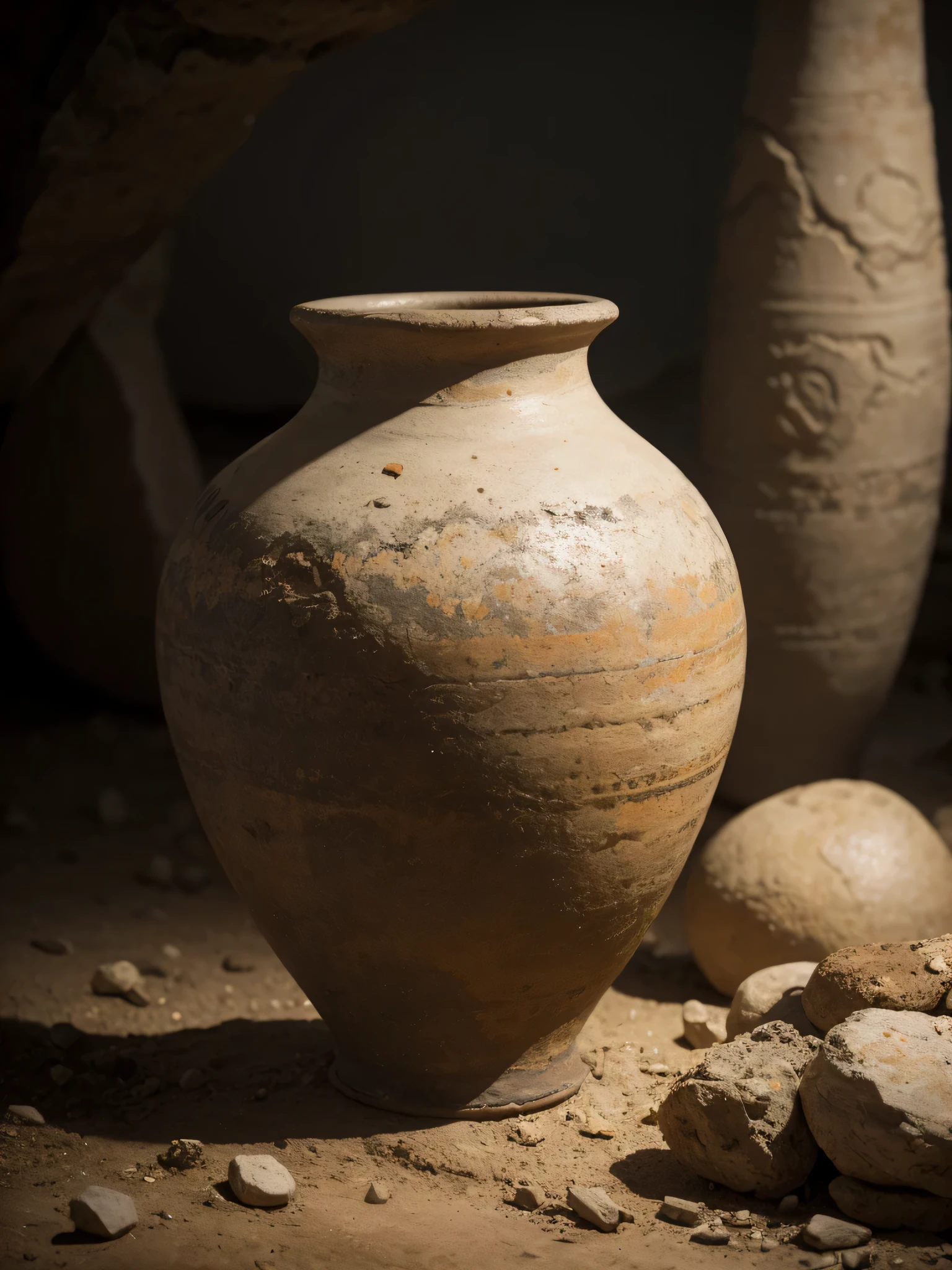still life photo, close-up shot of a neolithic clay vase in a prehistoric cave, impressed decorations, imperfect surface, realistic textures, penumbral hazy environment, natural light, Hasselblad X1D
