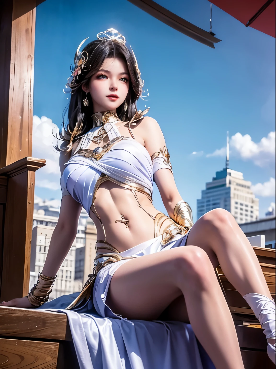 A young woman, Wearing a flowing white bikini , Long black hair hanging down her back. She wears a jeweled crown, White lace wrapped around her abdomen, Expose her belly. She sits elegantly in the bustling city, In front of the blooming peach blossom trees. The camera captured her beautiful face, Intricate details highlight her cinematic quality, Vivid and rich detail，Evoke a sense of awe. The artwork is presented in high-resolution 8K format, Show your best qualities，[show your toes]，（（（Gold-tone high heels, Smooth and shiny, Pointed toe and stiletto heels, Decorated with sparkling rhinestones，Overlooking the bustling city skyline））），Close-up Shot Shot，A half body