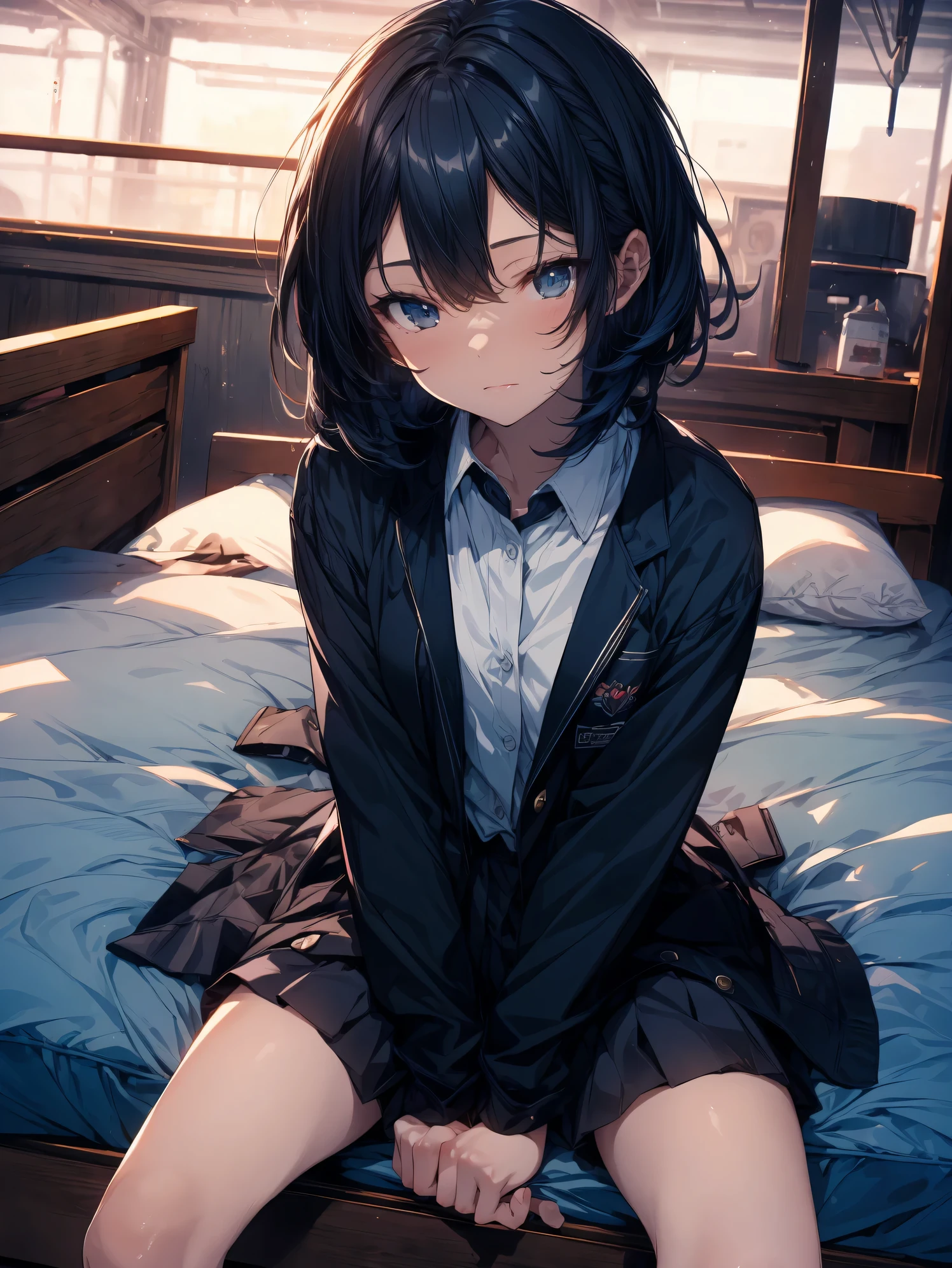 Super high quality by the art god, Ultra-detailed, High resolution, Gwise Style, anime moe art style, best anime 8K konachan wallpaper, Pixiv Contest Winner, Perfect Anatomy,BREAK,(Please draw a picture of a girl sitting sleepily on the bed. ),BREAK, a hyperrealistic schoolgirl, (Solo,Lori,,13yea:1.3),Full limbs, complete fingers,a junior gynous attraction, (Very short hair), hair messy, flat chest, Small butt, groin, Small eyes,Beautiful detailed black eyes, Well-proportioned iris and pupils, High resolution detailed hair, School uniform, Skirt, sitting on a bed, BREAK,Ultra-detailed細なスキン,Shiny skin, Best lighting by famous artists, 8K, Cute illustration.