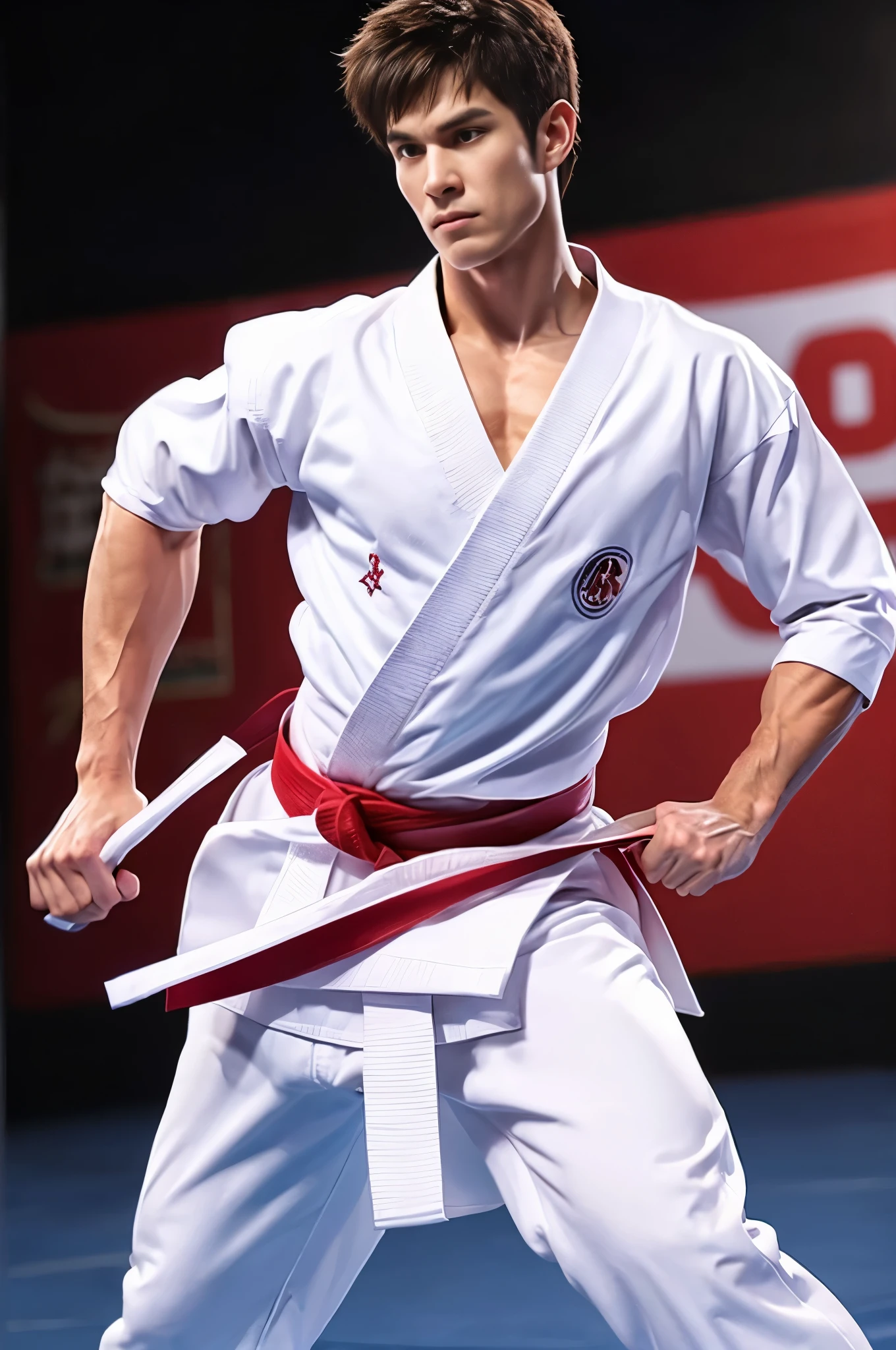 a picture, a handsome, 8k full body poster of a man, Charming sweet look, Move ki, shorth hair, musculature, clong legs, musculatureの足,, bare-legged, 詳細なmusculatureの体格, a picture, (masterpiece, top-quality, top-quality, Official art),side high kick, Stick out your fist, Large and dynamic movements, Photorealistic depiction,20yr old, Toned waist, White Karate Uniform, Karate Belt, White karate pants, Accurate depiction of details, Perfect skeleton, Look straight at your audience, sharp gaze