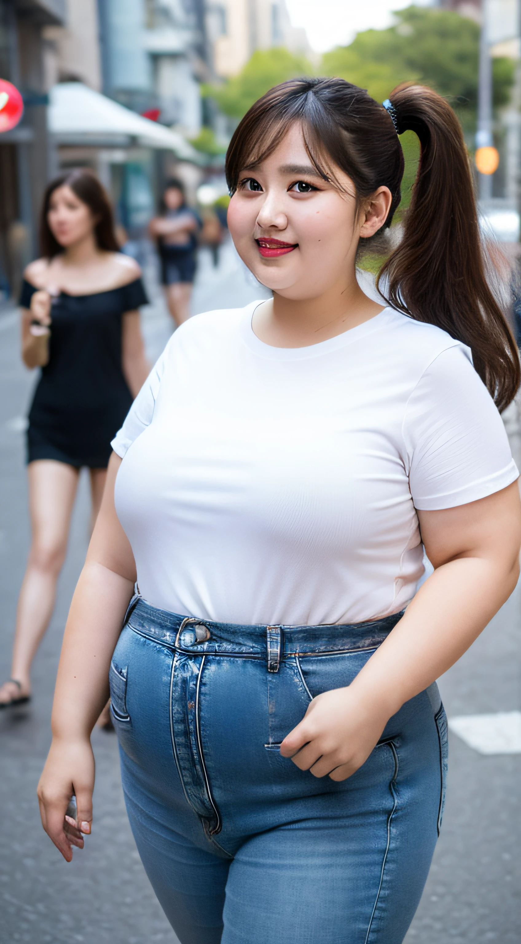 an extremely beautiful and delicate(((Obese women)))，wearing white short sleeves，Denim pants，Obese women，Long black ponytail hair，exquisite and elegant，warm pink lips，Delicate eye details，Not exposed，Living with a smile，Photorealism，8K HD，Realistic shooting，Soft, Cinematic lighting，Outdoor street，Perfect body，（Standing posture），Not exposed