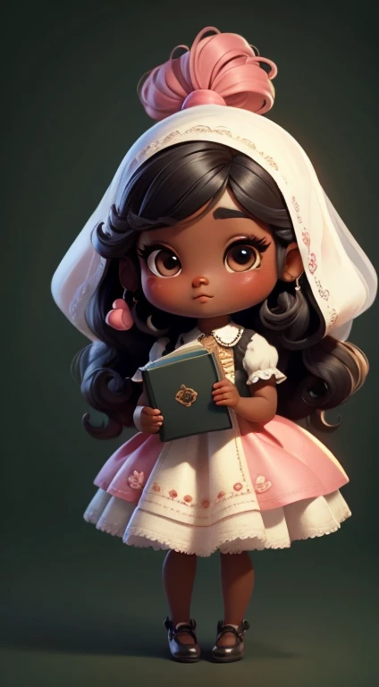 Cute black skin doll, brunette color hair, dual horsetail, Each features tons of detail and 8K resolution, Holding a book in his arms, All dolls should follow the same solid color background pattern and be complete within the image, Eyes should be big and beautiful, Long eyelashes and slightly pink cheeks. There is a beautiful veil on the head. Add details like pockets and ruffles,Make your look more charming, Bonito and delicacies. Be sure to add shadows, Texture and detail of hair, Rupas, Beautiful and gorgeous accessories, Make them more cute and charming.Whole body diagram,Wear delicate small leather shoes.