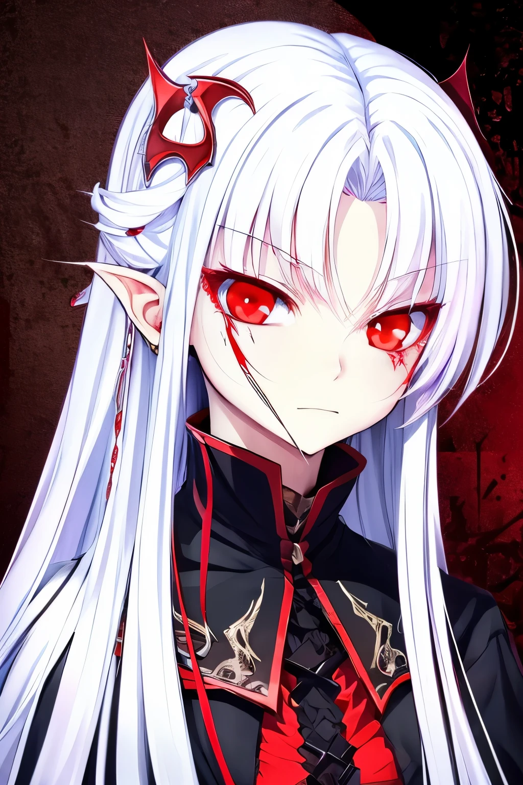 A vampire girl, long white hair, crimson red eyes, blood on face.