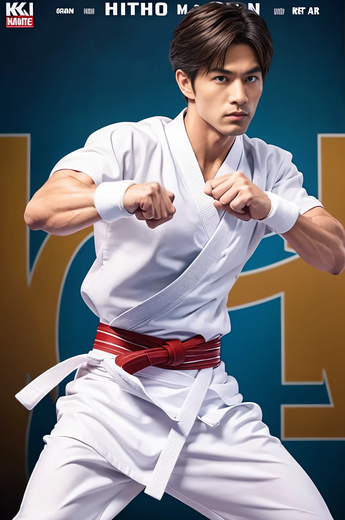 a picture, a handsome, 8k full body poster of a man, Charming sweet look, Move ki, shorth hair, musculature, clong legs, musculatureの足,, bare-legged, 詳細なmusculatureの体格, a picture, (​masterpiece, top-quality, top-quality, Official art),side high kick, Stick out your fist, Large and dynamic movements, Photorealistic depiction,20yr old, Toned waist, White Karate Uniform, Karate Belt, White karate pants, Accurate depiction of details, Perfect skeleton, Look straight at your audience, sharp gaze