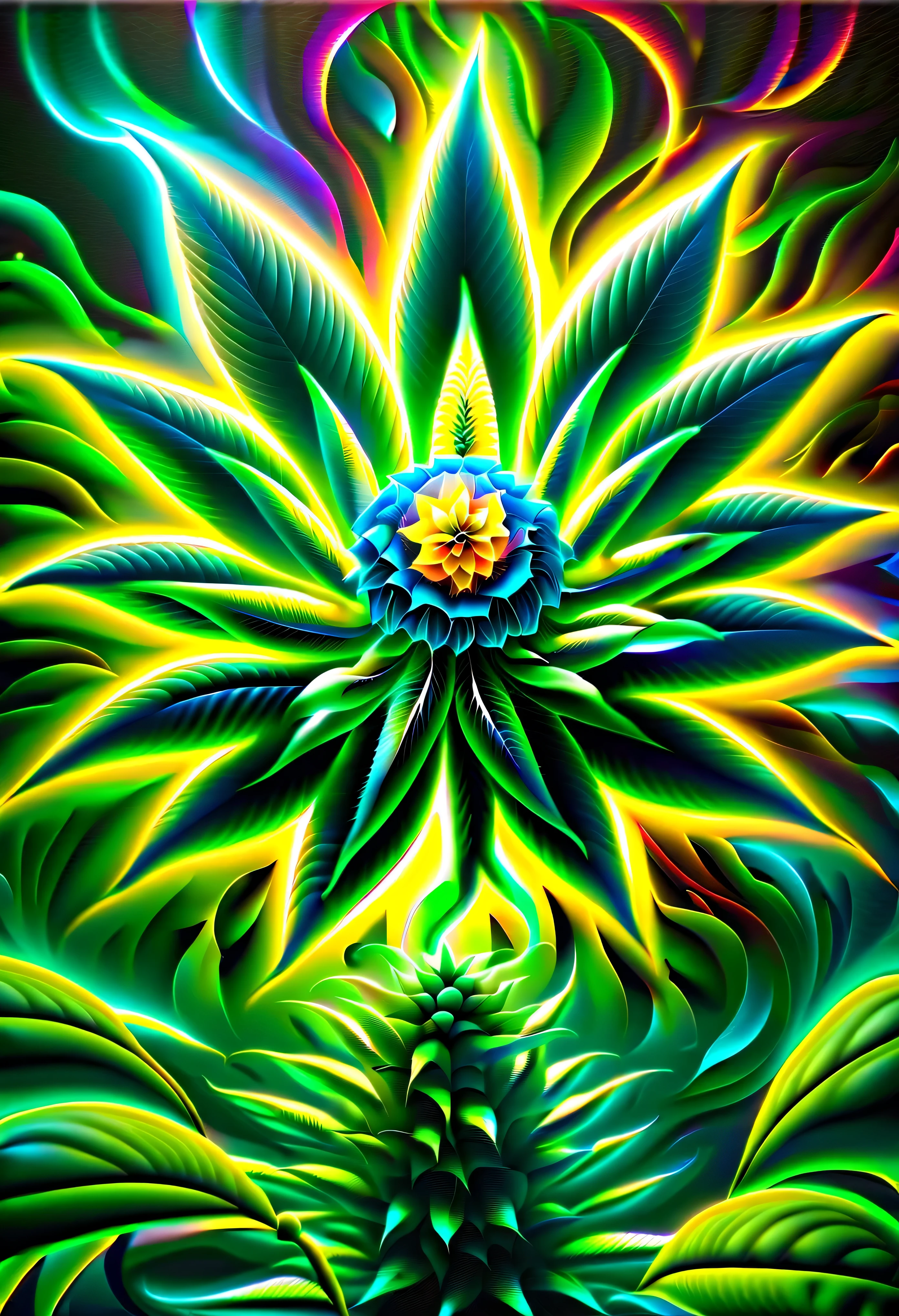 pintura cgi abstrata, epic surreal cannabis flower, divino, plantas de fantasia sombria, beauty glow neuron fruit, flores bioluminescentes ao redor, mundo escuro do mundo maravilhoso, bioluminescent radiation, many cannabis flowers have a vision, vision of many cynicisms, loucura, frenesi, flor louca, Arrebatamento, brilho do fanatismo, oil painting, spatula and brush strokes supplement, intrincado, maluco, brilho de beleza assustador, alto contraste, profundidade do mar inspirada, cores escuras ricas, high resolution, hyper realistic, trabalho de pincel de detalhe, stunning intrincado detail 8k rendering, alta qualidade, Qualidade Superior, best quality, verdadeira obra-prima, masterpiece lighting, cinematic angle, glass floor, (cannabis flower)
