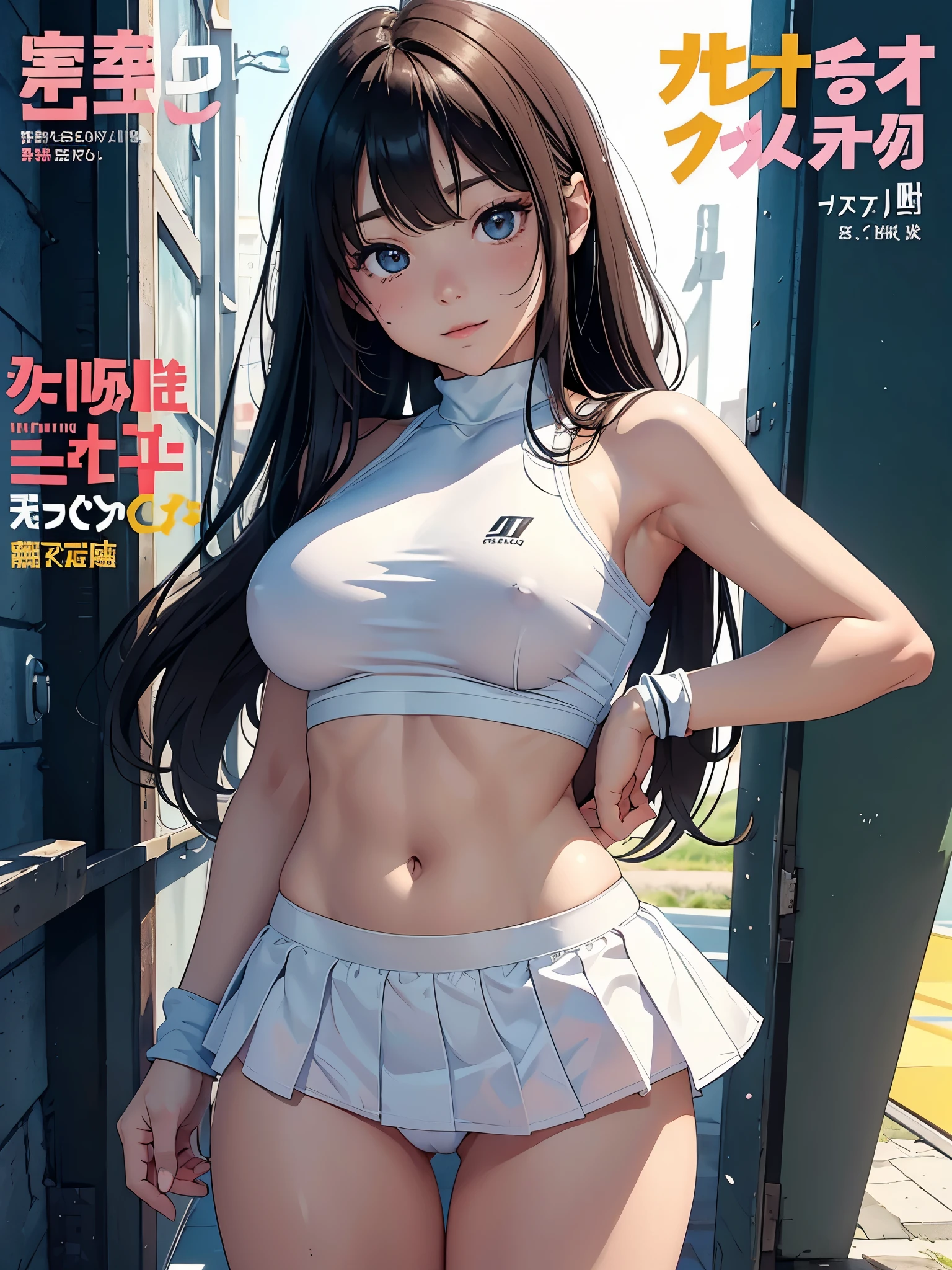 (Superflat, Flat Shading, flat-colors:1.1)、(Magazine Cover)、Illustrations、(One Asian boyish girl)、(cute little:1.2)、very beautiful 20 year old cartoon girl、Great smile、cheeks are reddened、(High Detail Skin: 1.2)、photorealistic anime girl render、realistic anime 3 d style、cute littleボブカット、Twin-tailed、beautiful brown hair、Intense black eyes、Strong highlights of the eyes、((Naked and oiled、accurate big breasts、sport underwear))、Perfect Anatomy、((magnifica、very large breast))、hair messy、Pretty underwear、((Tight white tennis uniform with navel、Supple and thin fabric))、((White miniskirt with flared hem))、Sportswear、sneakers、(support)、stadio、Volumetric lighting、Soft light、Vibrant colors、watercolor paiting、