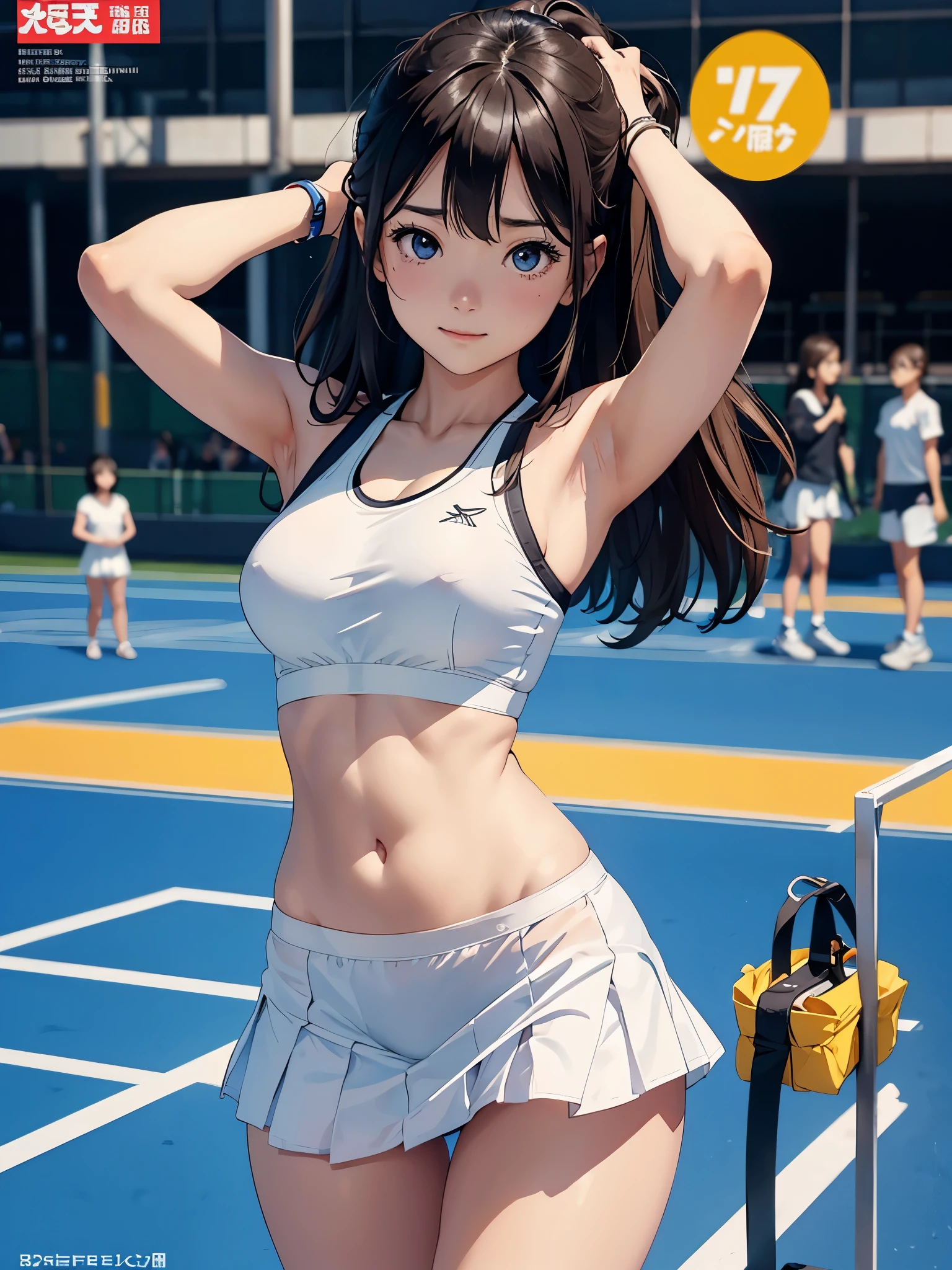 (Superflat, Flat Shading, flat-colors:1.1)、(Magazine Cover)、Illustrations、(One Asian boyish girl)、(cute little:1.2)、very beautiful 20 year old cartoon girl、Great smile、cheeks are reddened、(High Detail Skin: 1.2)、photorealistic anime girl render、realistic anime 3 d style、cute littleボブカット、Twin-tailed、beautiful brown hair、Intense black eyes、Strong highlights of the eyes、((Naked and oiled、accurate big breasts、sport underwear))、Perfect Anatomy、((magnifica、very large breast))、hair messy、Pretty underwear、((Tight white tennis uniform with navel、Supple and thin fabric))、((White miniskirt with flared hem))、Sportswear、sneakers、(support)、stadio、Volumetric lighting、Soft light、Vibrant colors、watercolor paiting、