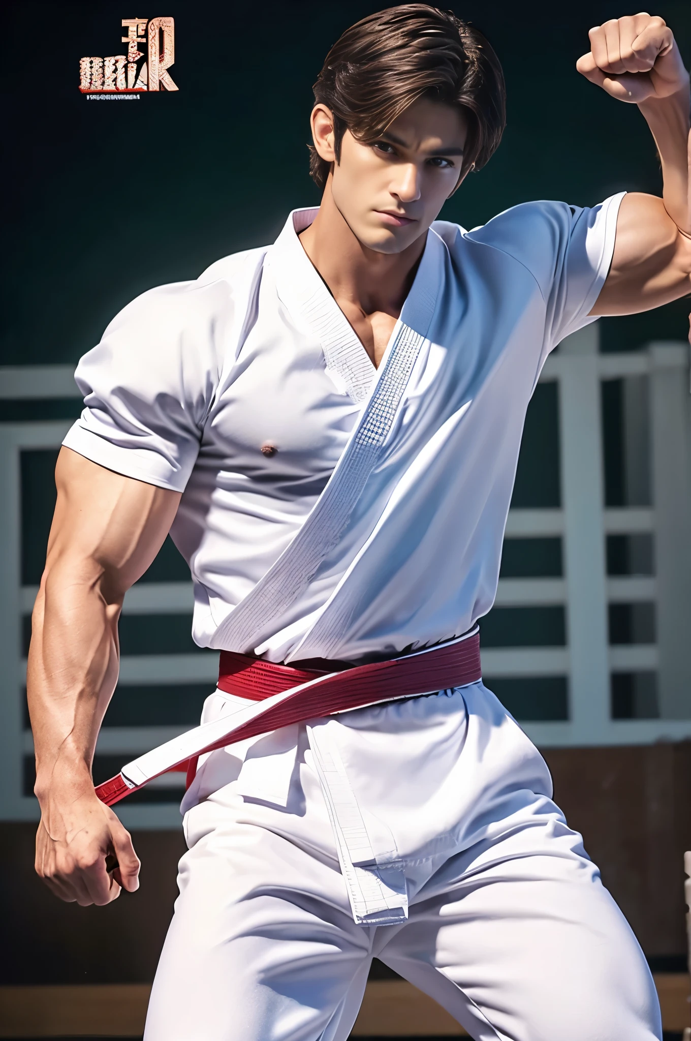 a picture, a handsome, 8k full body poster of a man, Charming sweet look, Move ki, shorth hair, musculature, clong legs, musculatureの足,, bare-legged, 詳細なmusculatureの体格, a picture, (masterpiece, top-quality, top-quality, Official art),side high kick, Stick out your fist, Large and dynamic movements, Photorealistic depiction,20yr old, Toned waist, White Karate Uniform, Karate Belt, White karate pants, Accurate depiction of details, Perfect skeleton, Look straight at your audience, sharp gaze