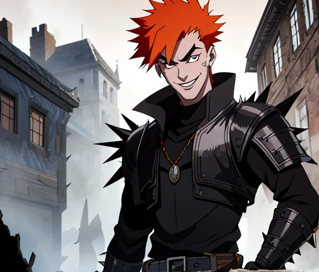 Psycho looking male, 18-years-old, spiky orange hair with black highlights, cocked eyebrows, big smile, black street clothes, medieval fantasy setting, holding dynamite.