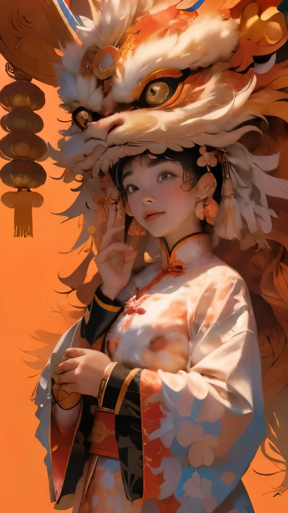 1girll, Clear facial features，looks into camera, Solo, lion_Dance,Clear face，lion dance，dynamicposes，Chinese clothes， Well-designed lion's head design, Brightly colored lions, Traditional Chinese art, Expressive lion dance, Red lanterns，Chinese Year， China-style，red colour，Traditional lion dance, Auspicious symbolism, Auspicious blessings, The expression of a lion's eyeball, Lively celebration background, Traditional Chinese musical instruments, (Masterpiece, Best quality, High quality, A high resolution, Ultra-detailed),