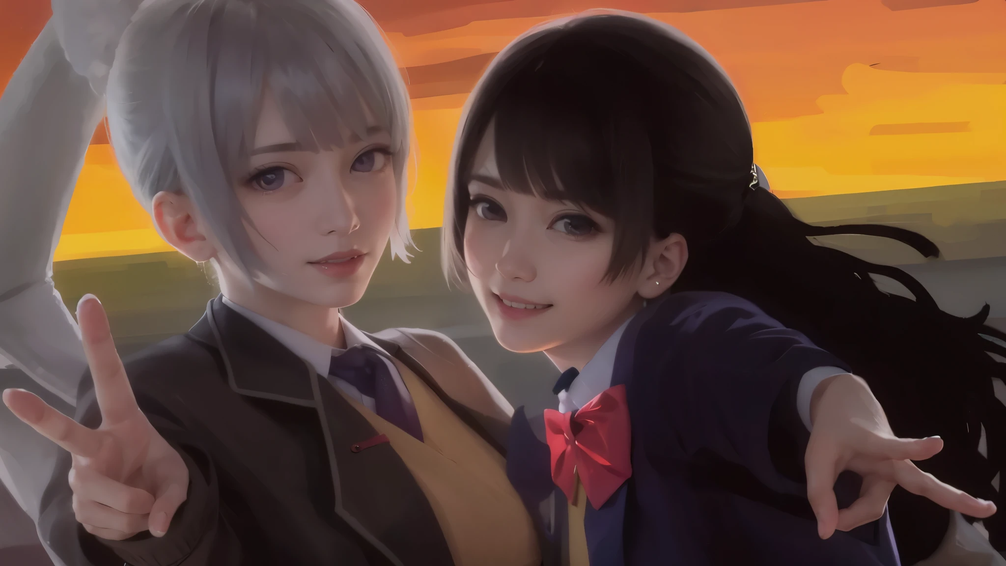girl with、piece sign、back lighting、Evening glow、Very realistic、Contre-Jour、Realistic texture of the skin、very beautif