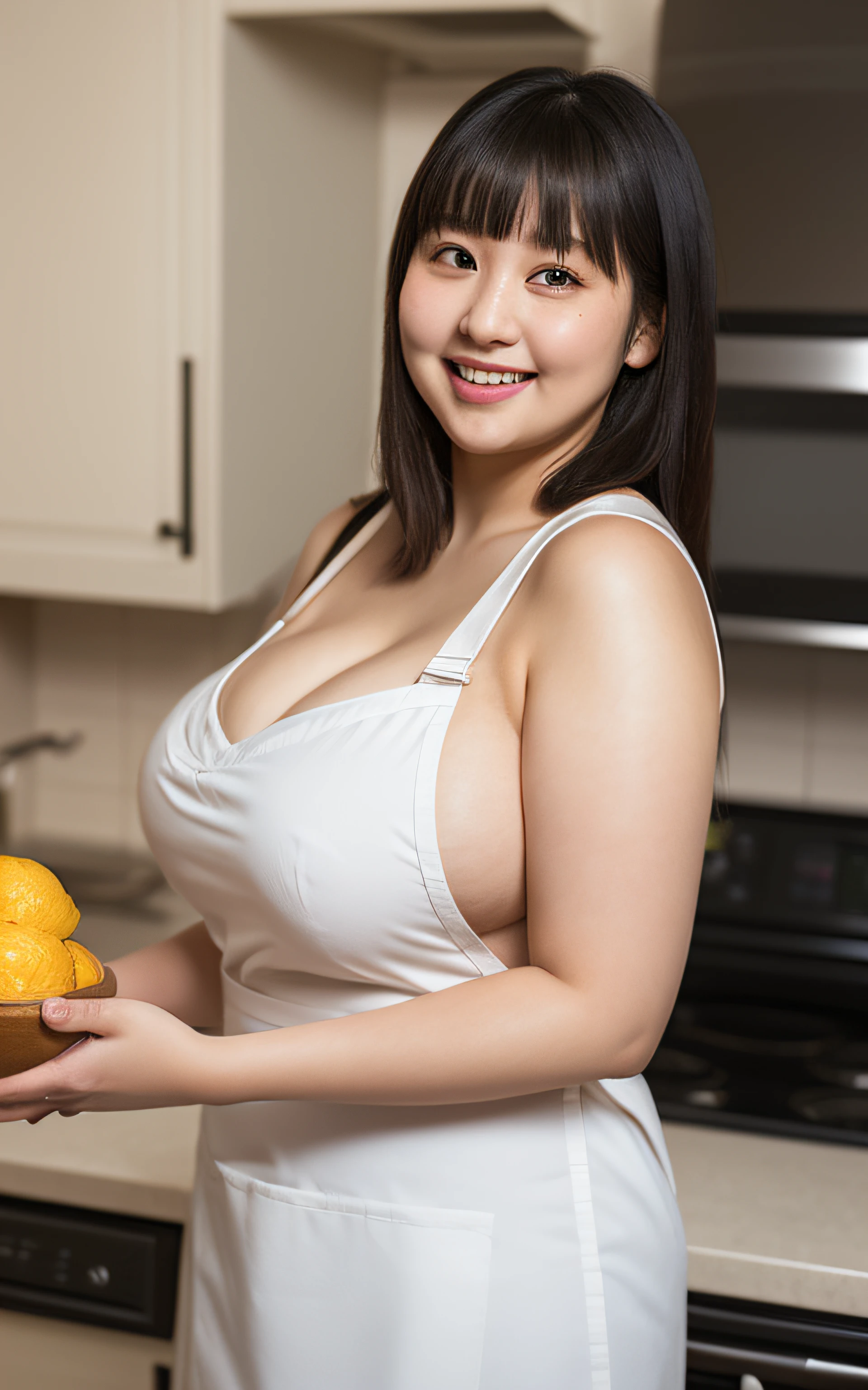 Highly detailed CG Unity 8k wallpaper, of the highest quality, super detailed, masutepiece, Realistic, photographrealistic, extremely detailed cute girl, 25 years old, ((Chubby woman:1.lump woman:1.3)  , Large breasts , cleavage  ,  Round eyes, viewer,  Smile, Parted lips, Half body shot  , Apron , kitchin  , Bangs