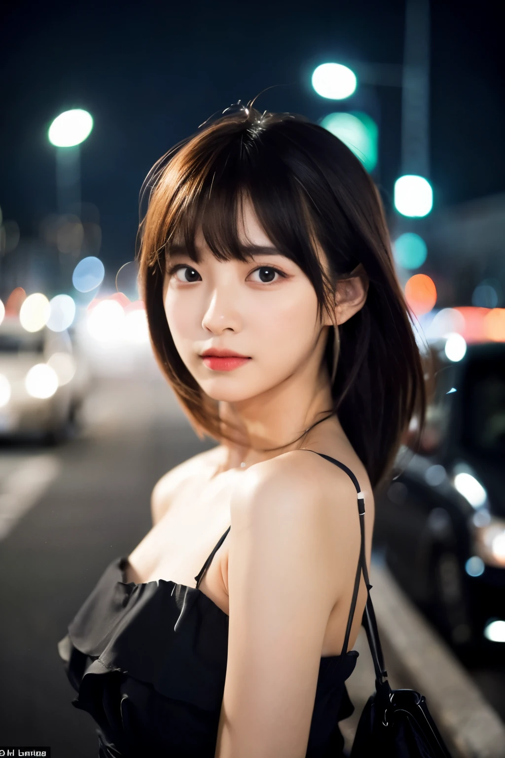 ((Best Quality)), ((masutepiece)), (Cinematic aesthetics:1.4) Beautiful Korean fashion model bokeh city night photo