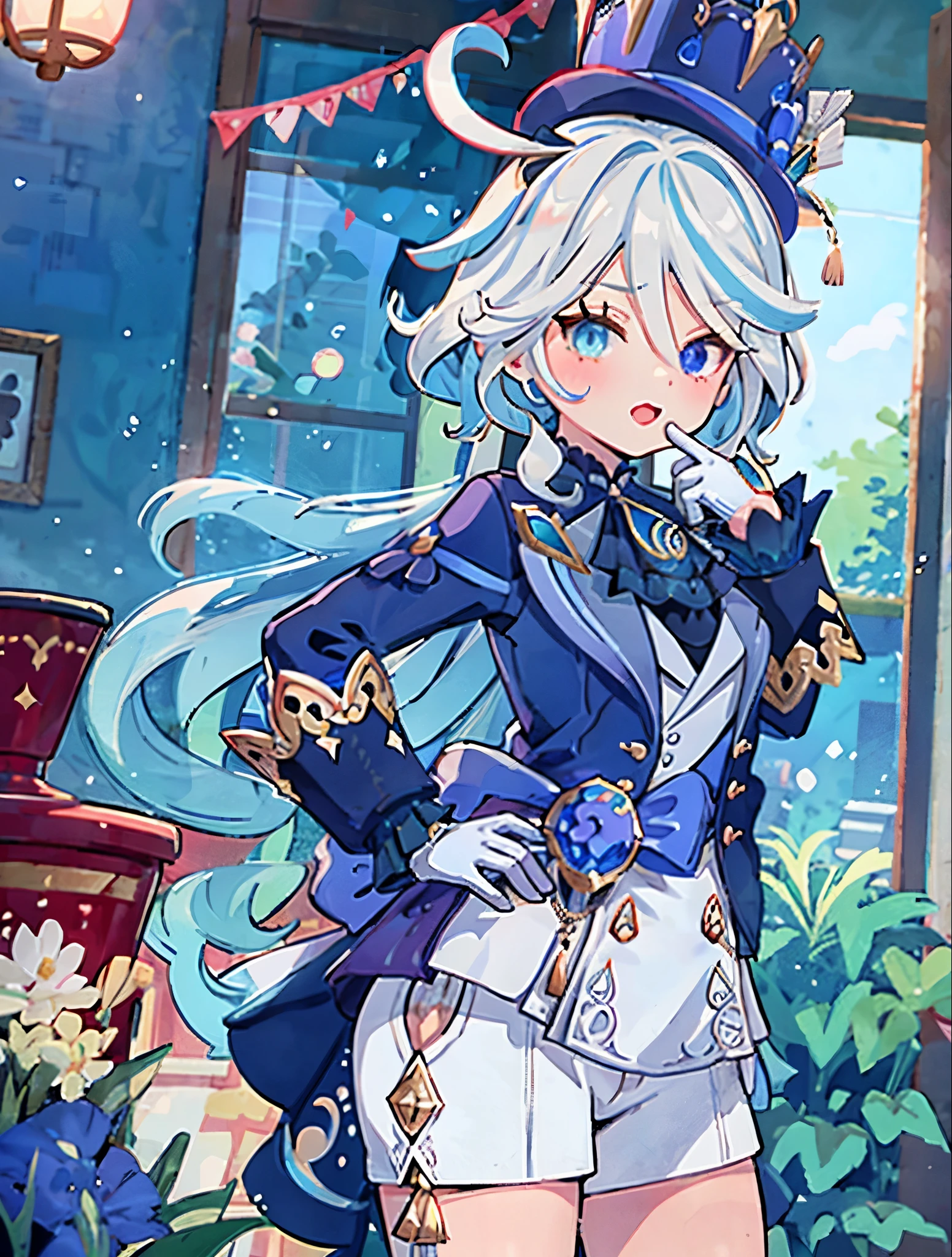 1 girl, Forina \(genshin impact\), Heterochromia, mismatched gloves, Top hat, blue jacket, shorter pants, thigh band, Waist shawl, looking at viewert, smug, with her mouth open, naghty face, hand on hips, cow boy shot, theater, Indoors