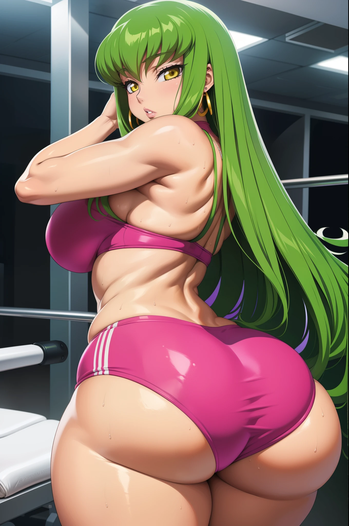 Code Geass, C.C, 1girl, (((bimbo))), long green hair, yellow eyes, ear rings, puffy lips, painted lips, thick lips, wide hips, thick thighs, small round breast, huge ass, revealing cleavage, erotic, sexy face, bubble butt, Brazilian butt lift, pink hot pants, white top, stretching legs out, gym, sweat, ass posing, gym,