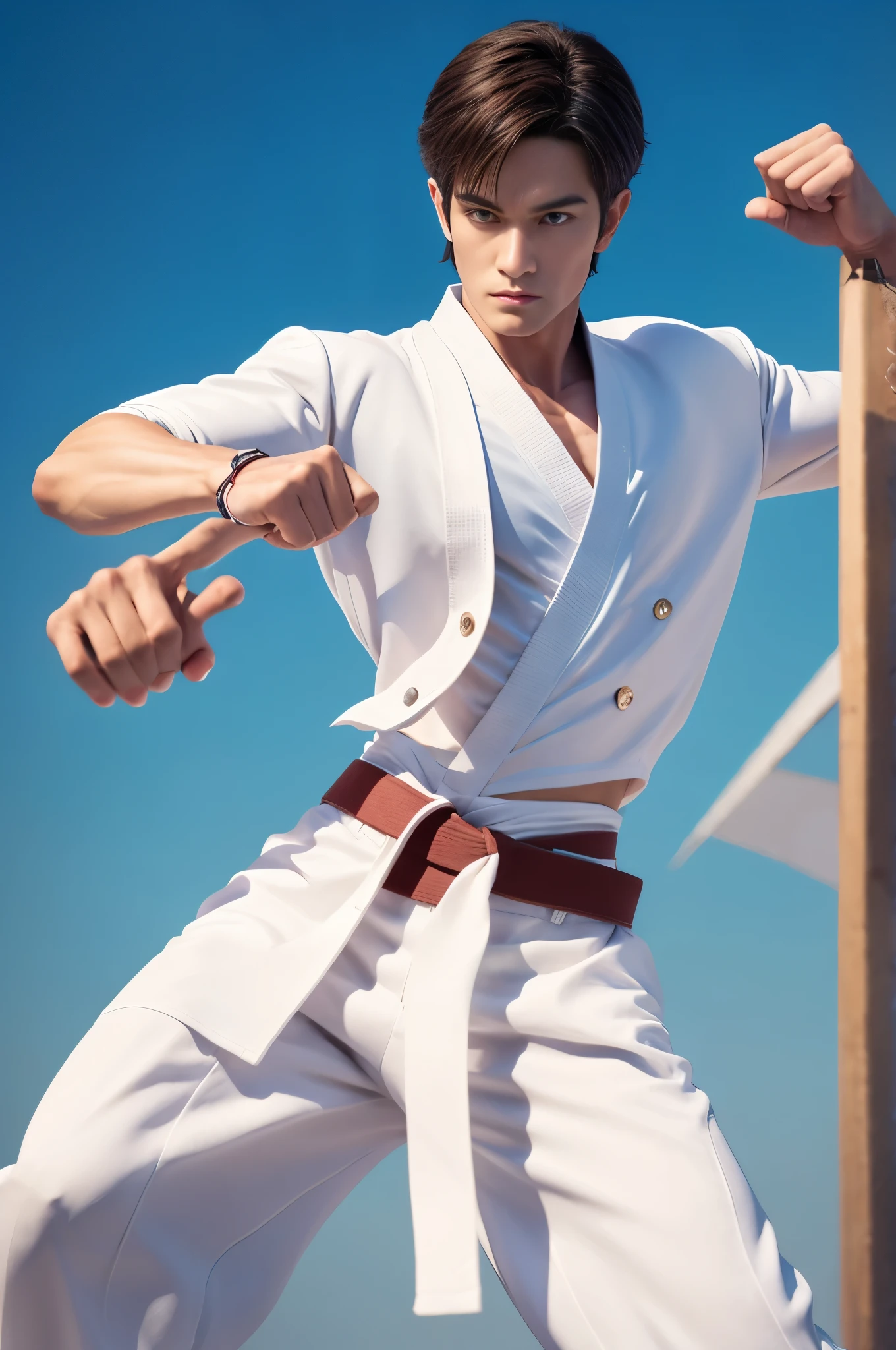 a picture, a handsome, 8k full body poster of a man, Charming sweet look, Move ki, shorth hair, musculature, clong legs, musculatureの足,, bare-legged, 詳細なmusculatureの体格, a picture, (masterpiece, top-quality, top-quality, Official art),side high kick, Stick out your fist, Large and dynamic movements, Photorealistic depiction,20yr old, Toned waist, White Karate Uniform, Karate Belt, White karate pants, Accurate depiction of details, Perfect skeleton, Look straight at your audience, sharp gaze