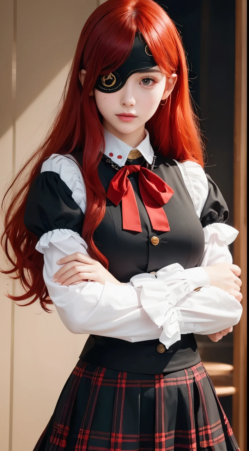 ((best quality)), ((masterpiece)), (detailed), perfect face, ((eyepatch:1.2)), (long hair:1.4), (red hair, red eyes:1.4), 1girl, solo, skirt, shirts, vest, legging, white shirts, Button-up shirts, black vest, smile, outdoors, black skirt, looking at viewer, black legging, rose pattern legging, long sleeves, bangs, ribbon, frilled skirt, frills, plaid, bow, Star shape eyepatch, gold eyepatch, standing, red ribbon, wide sleeves, hand on waist, medium breasts, cafe, inside bosco cafe, cowboy shot, elegance, mature women, perfect illumination, bright skin