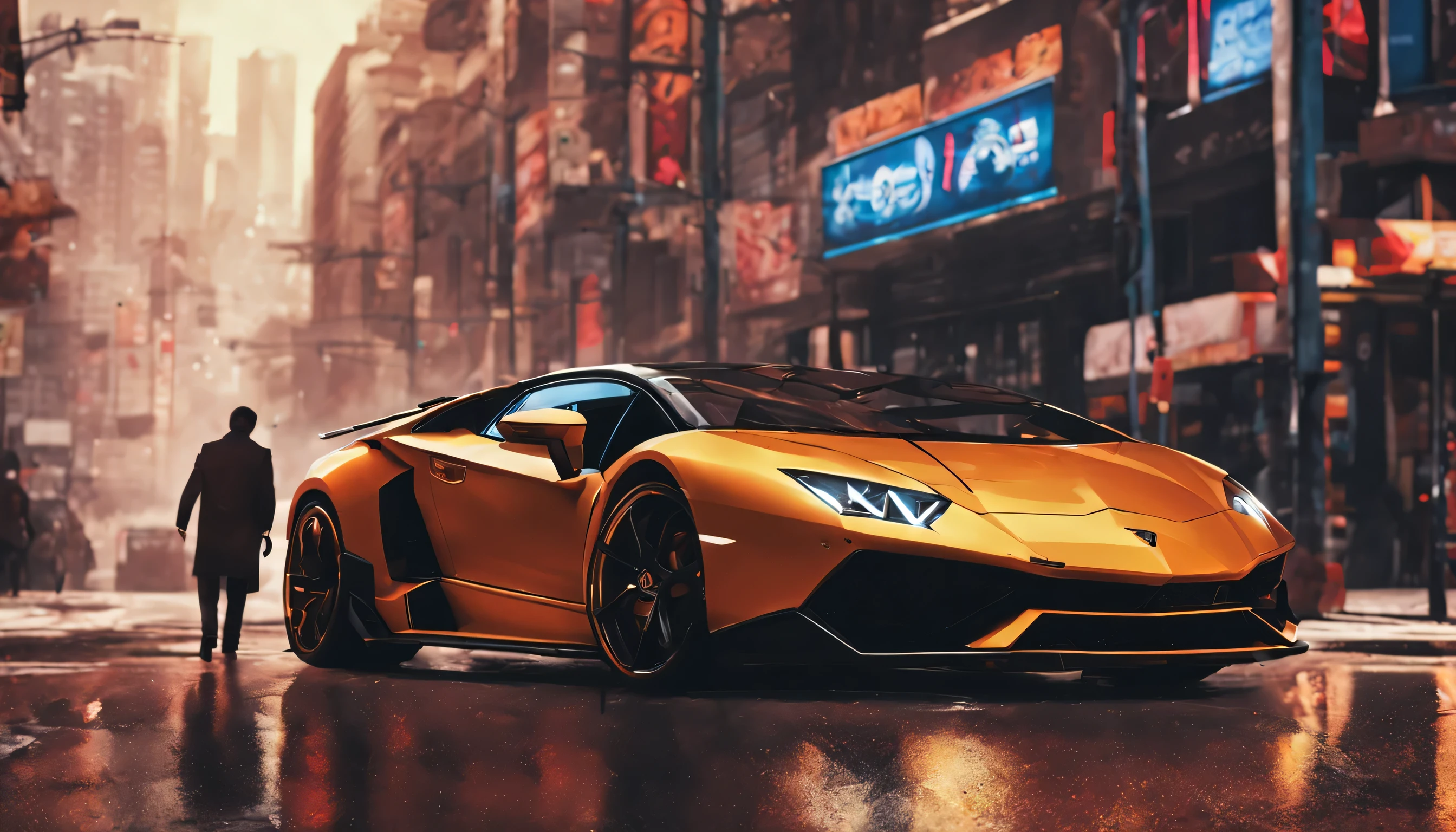 Close-up of a Lamborghini car, parked on a city street, Next to him is a man in a suit with a cigarette in his hands,  Wallpapers for mobile devices, cinematic Poster, Phone wallpaper, As a matrix, motivational Poster,Black color of the car Lamborghini,  Money is pouring in from the sky,Cinematic wallpaper 4 K, 4K cinematic wallpaper, Matrix LUT, Poster!!!, gta v Poster style, car photography, cinematic matte illustration, Matte digital illustration, amazing wallpaper, matte painting movie Poster, GTA Boot Screen Art, Desktop wallpaper 4K 16:9