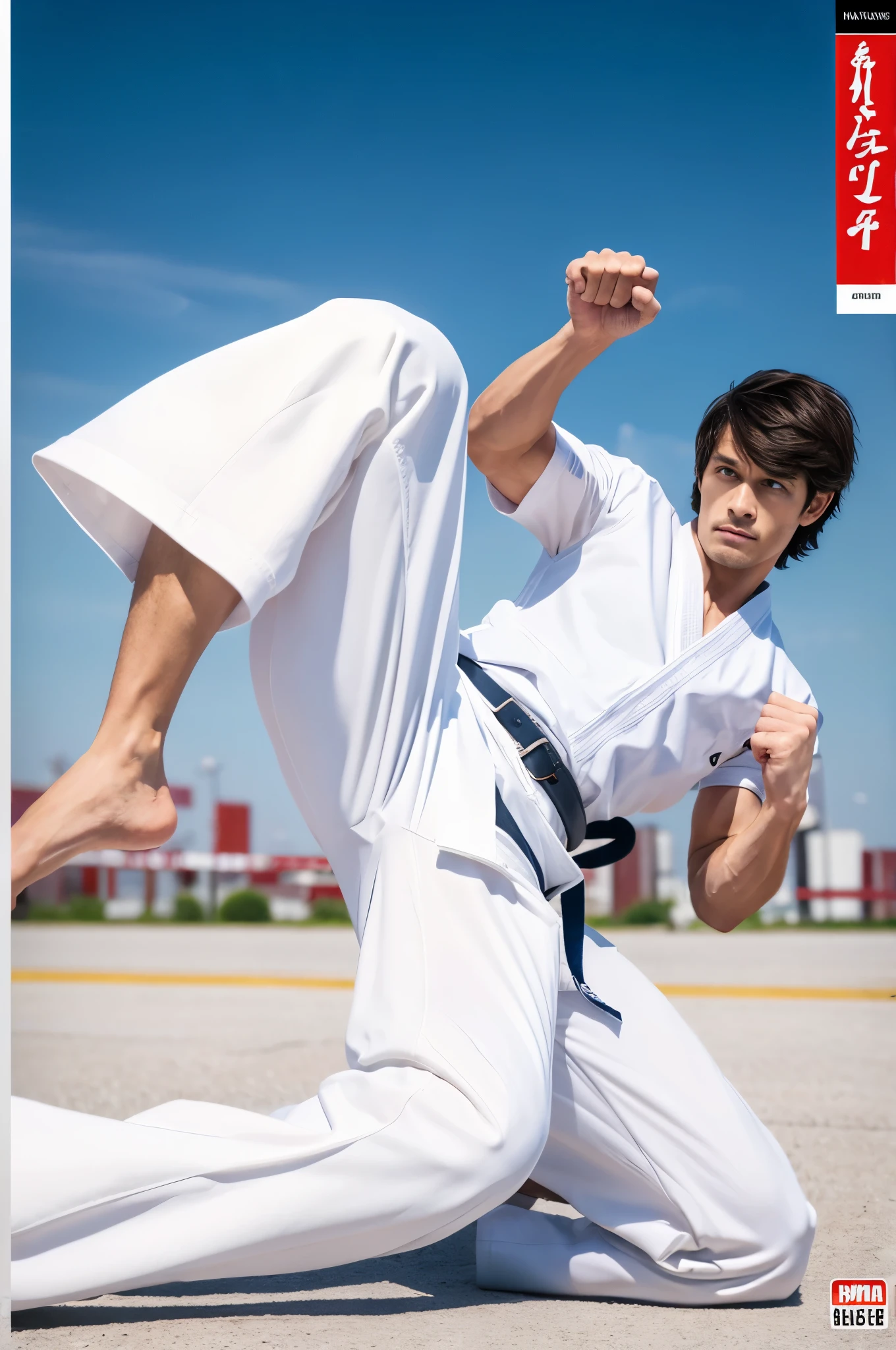 a picture, a handsome, 8k full body poster of a man, Charming sweet look, Move ki, shorth hair, musculature, clong legs, musculatureの足,, bare-legged, 詳細なmusculatureの体格, a picture, (masterpiece, top-quality, top-quality, Official art),side high kick, Stick out your fist, Large and dynamic movements, Photorealistic depiction,20yr old, Toned waist, White Karate Uniform, Karate Belt, White karate pants, Accurate depiction of details, Perfect skeleton, Look straight at your audience, sharp gaze