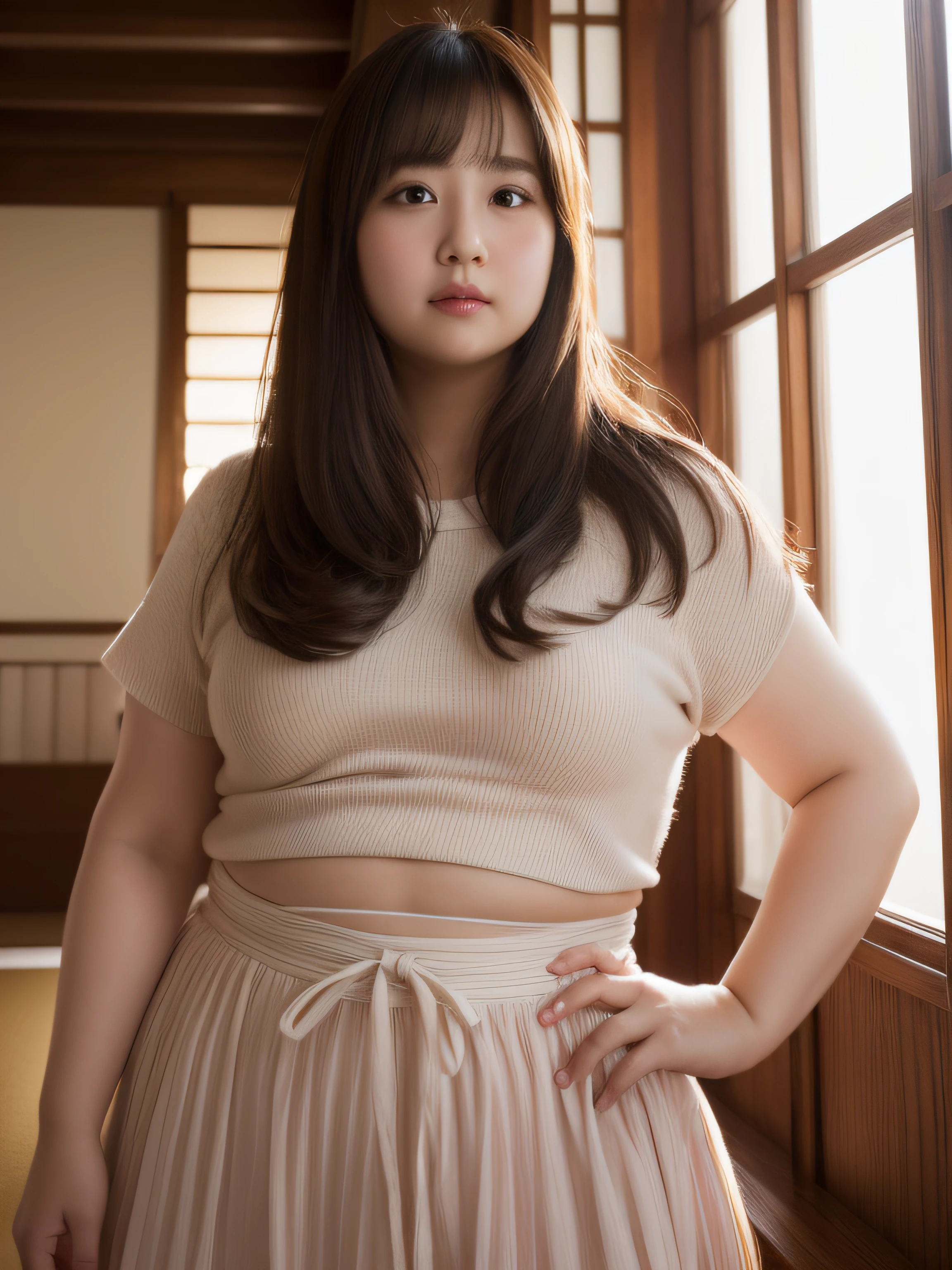 Realistic light、top-quality、masterpiece、1girl in、I'm fat、chubby、fatness、chubby、japanes