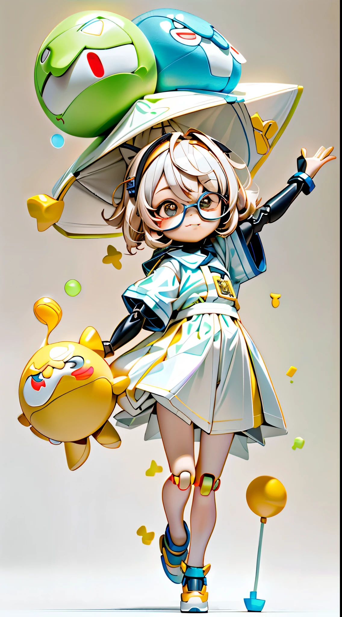 glasses full body 3d picture, 1pc, good eyes looking, largeeyes, adolable, having fun, Pop Matt Blind Box, Glowing bubbles, toys, solid color backdrop, tchibi, Fluorescent transmission, luminous body, kawaii, dolls, (((programmer, white shirt))), pop mart盲盒, complexdetails, 3Drenderingof, fol body reference sheet, dribble, studio lighting, loli, petite, ild, cacter:1.1, magic lab background, c4d, reference sheet, Pixar, blender, OC renderer, high details, 8k