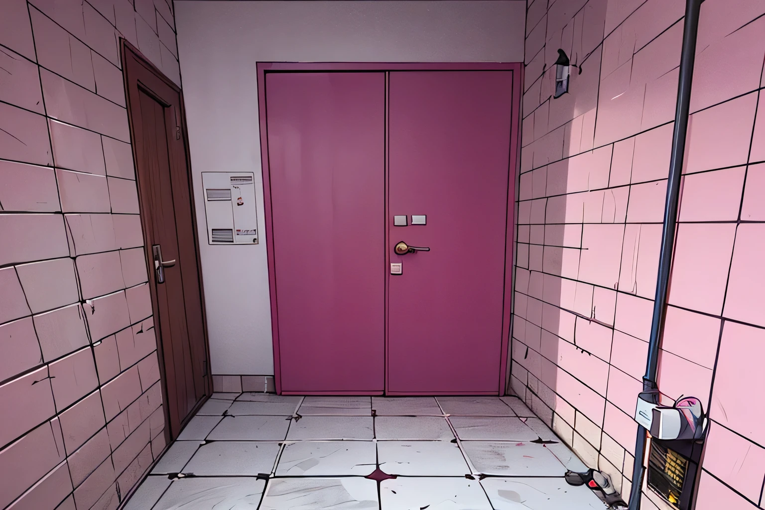 wall-paper,landscapes,(Lewd atmosphere,Vulgarity,dark pink room:1.2),(Inside the shiny tiled room, Very small room,Confined space,Room without doors:1.3),Looking at the floor,anime colours