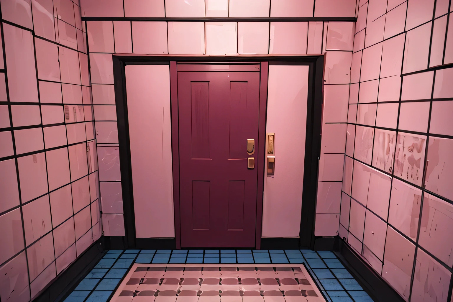 wall-paper,landscapes,(Lewd atmosphere,Vulgarity,dark pink room:1.2),(Inside the shiny tiled room, Very small room,Confined space,Room without doors:1.3),Looking at the floor,anime colours