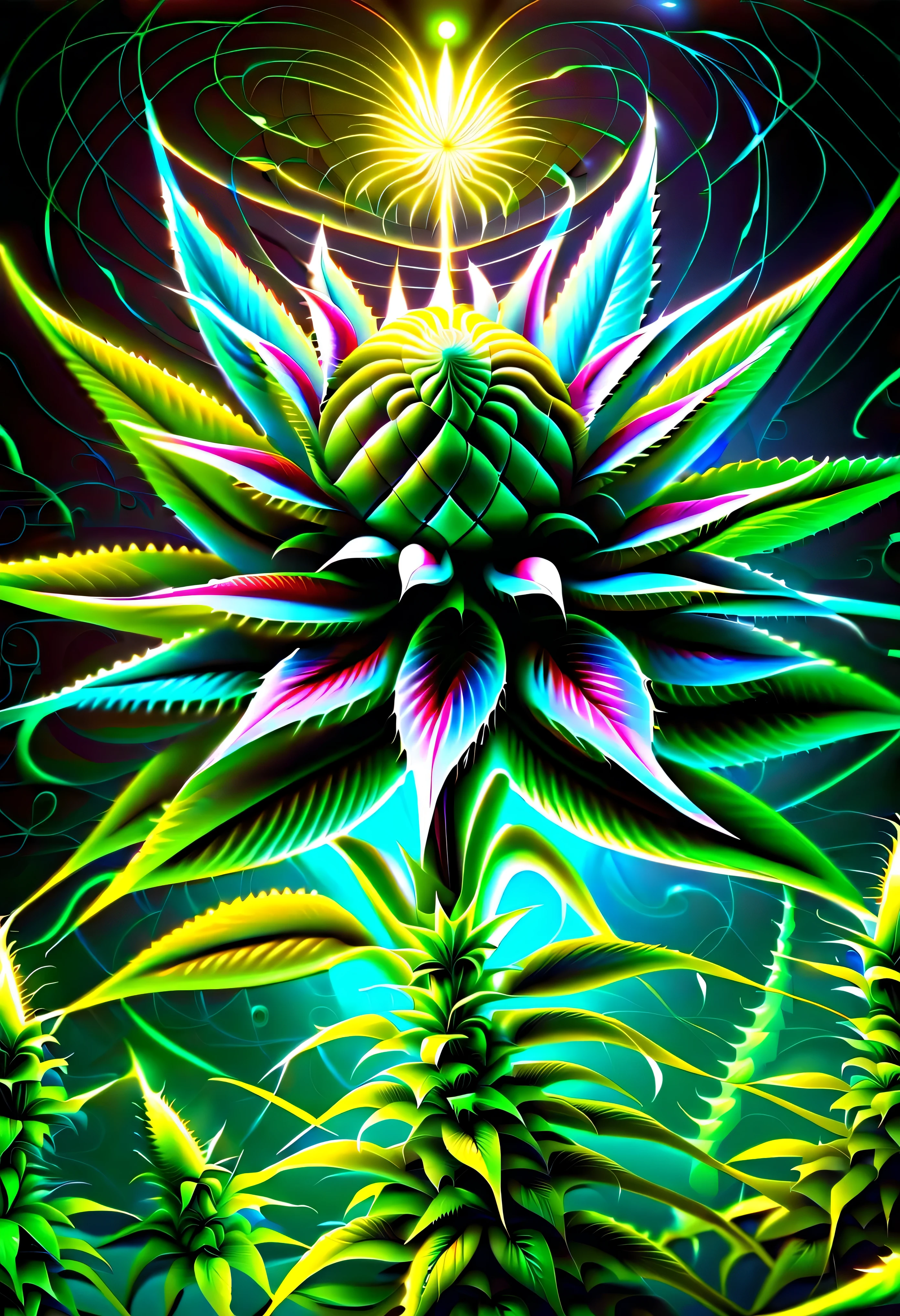 pintura cgi abstrata, epic surreal cannabis flower, divino, plantas de fantasia sombria, beauty glow neuron fruit, flores bioluminescentes ao redor, mundo escuro do mundo maravilhoso, bioluminescent radiation, many cannabis flowers have a vision, vision of many cynicisms, loucura, frenesi, flor louca, Arrebatamento, brilho do fanatismo, oil painting, spatula and brush strokes supplement, intrincado, maluco, brilho de beleza assustador, alto contraste, profundidade do mar inspirada, cores escuras ricas, high resolution, hyper realistic, trabalho de pincel de detalhe, stunning intrincado detail 8k rendering, alta qualidade, Qualidade Superior, best quality, verdadeira obra-prima, masterpiece lighting, cinematic angle, glass floor, (cannabis flower)