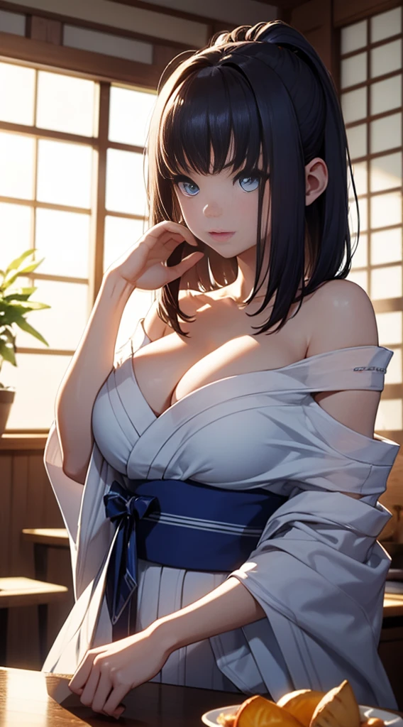 8K、quality、On a table、super high image quality、ultra - detailed、super beautiful、Ultra-realistic hair textures、anime illustration、Surreal sensibility、Whole body ESBIAN、mesmerizing looks、shave 、Off-the-shoulder blue yukata、Beutiful women、blue long hair、pony tails、eBlue eyes、Glowing and radiant skin、Very huge、Red lace breasts are super big、Glowing and radiant skin 、Clean skin、Japanese style room with daytime background