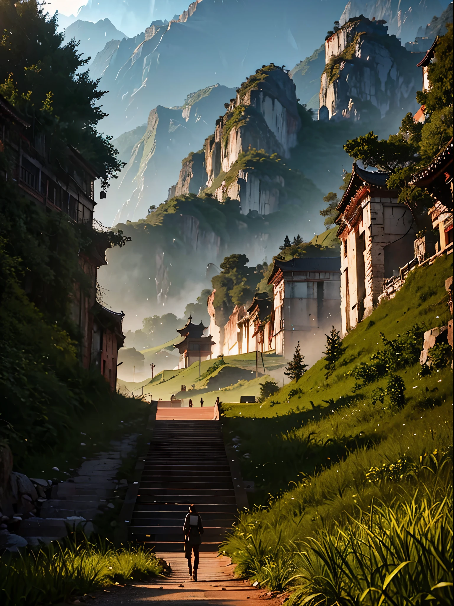 Arte Oficial, China antiga, Ruas Antigas, (Muitos vagalumes), (Noite), (lua), Luzes, Beautiful landscapes, epic landscapes, realistic lighting, Obras, alta qualidade, graphics beautiful, High detail, global ilumination, Unreal Engine Rendering, octane rendering, (HDR:1.3)