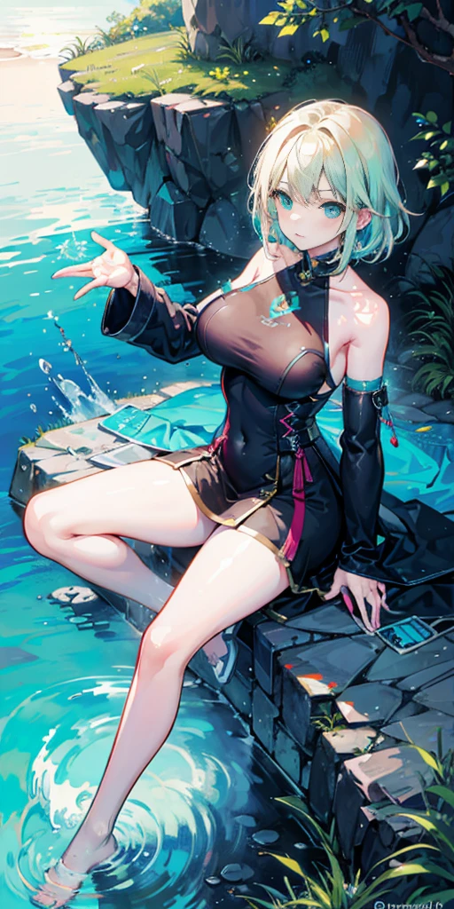 masterpiece, top quality, best quality), pixel,pixel art, 1 girl, aqua, fullbody, Cyprinid