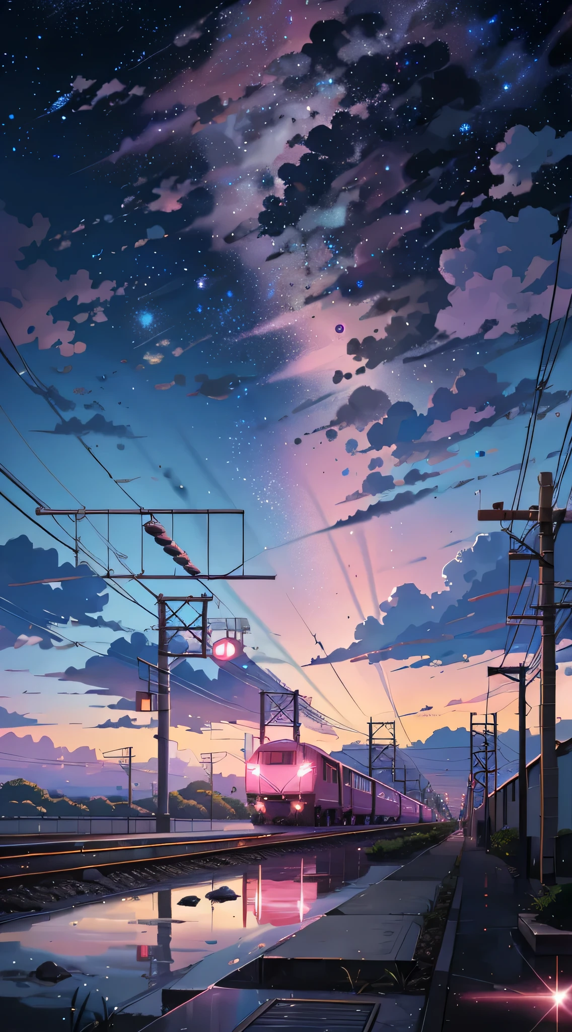 Anime scene of train moving under pink and purple sky,Xinhai sincerely绘制的动漫,Popular trends on Pixiv,magical reality,beautiful anime scenes,Cosmos Sky。 by Xinhai sincerely, ( ( Xinhai sincerely ) ), by Xinhai sincerely, Anime background art, Xinhai sincerely风格.Detail Enhancement,Perfect details。