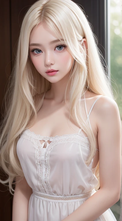 Bright dazzling pale blonde hair、Super Long Straight Silk Hair、verd s eyes、Transparent white and wet nightgown、European Beauties、long bangs between eyes、Glowing pale blue eyes、perfect bodies、face perfect、Bright makeup、Thin pink lips、Beautiful girl taking a shower、1 beautiful girl、Unbuttoned shirt、lipsticks、Colored inner hair、deceptive advertising、{steams}、Viewer Vision、Golden Hour Lighting、comic strip、Bokeh atmosphere perspective、detaileds、Movie Light、intricate-detail、hight resolution、 Detailed features of face design、High Details、Clear focus、SMOOTHNESS、aesthetics、High Details、printed、octane、{{​masterpiece}}、Glossy white skin、bright expression、Small Face Beautiful Girl
