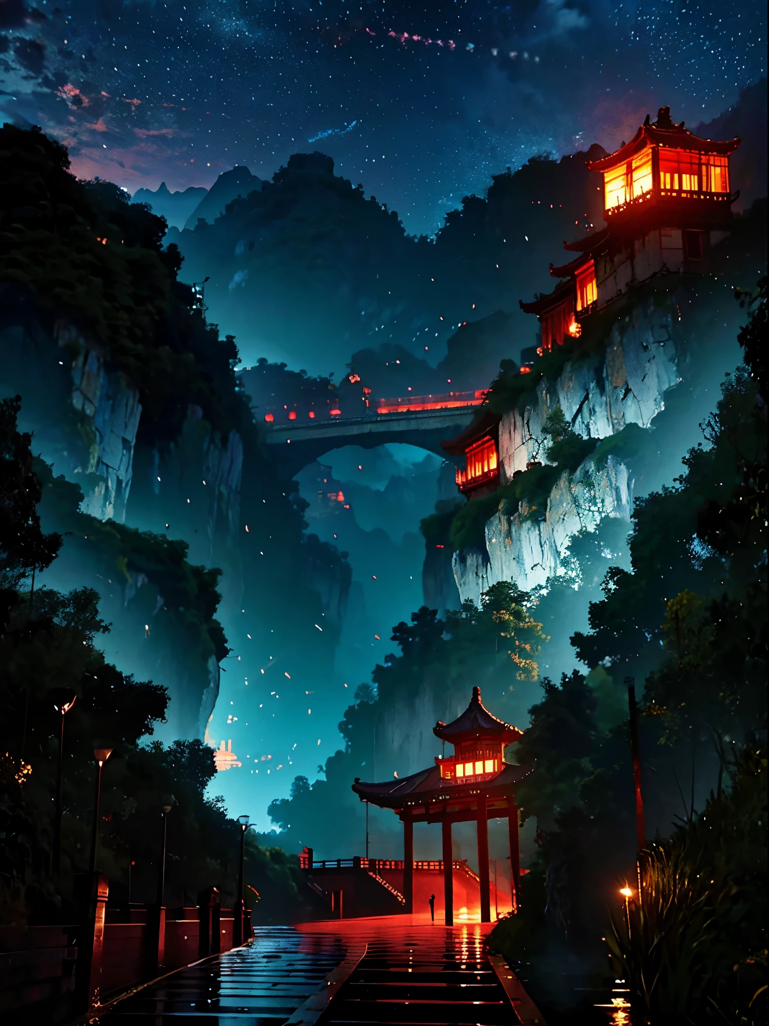 Arte Oficial, China antiga, Ruas Antigas, (Muitos vagalumes), (Noite), (lua), Luzes, Beautiful landscapes, epic landscapes, realistic lighting, Obras, alta qualidade, graphics beautiful, High detail, global ilumination, Unreal Engine Rendering, octane rendering, (HDR:1.3)