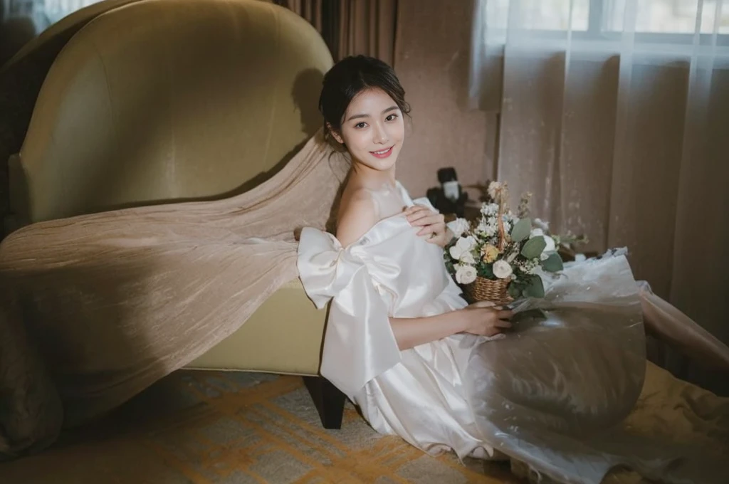 (On a table, Best quality, realistically, ultra - detailed, meticuloso, A high resolution, 8k wallpaper), Close-up portrait of a beautiful woman, Chariada, Smiling, light brown messy hair, Perfect dynamic composition, 美丽meticuloso的眼睛, Just like the cover of a fashion magazine, On campus