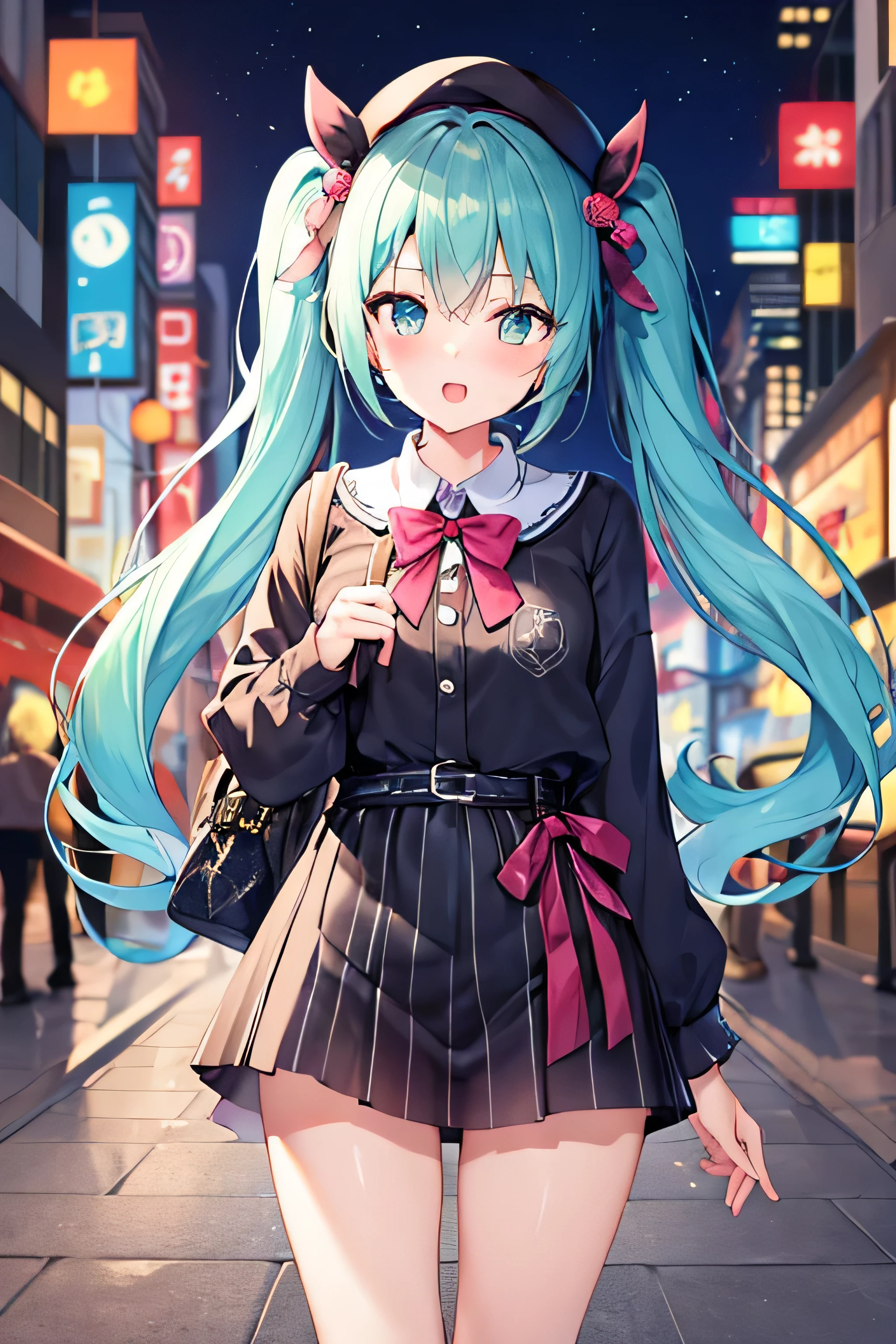 masterpiece、Top image quality、超A high resolution、miku hatsune、blue hairs、Twin-tailed、Blushing、mock、Open your mouth just a little、dressed casually、casual miniskirt、woman wearing a beret、Skyscraper、Japan、Night time