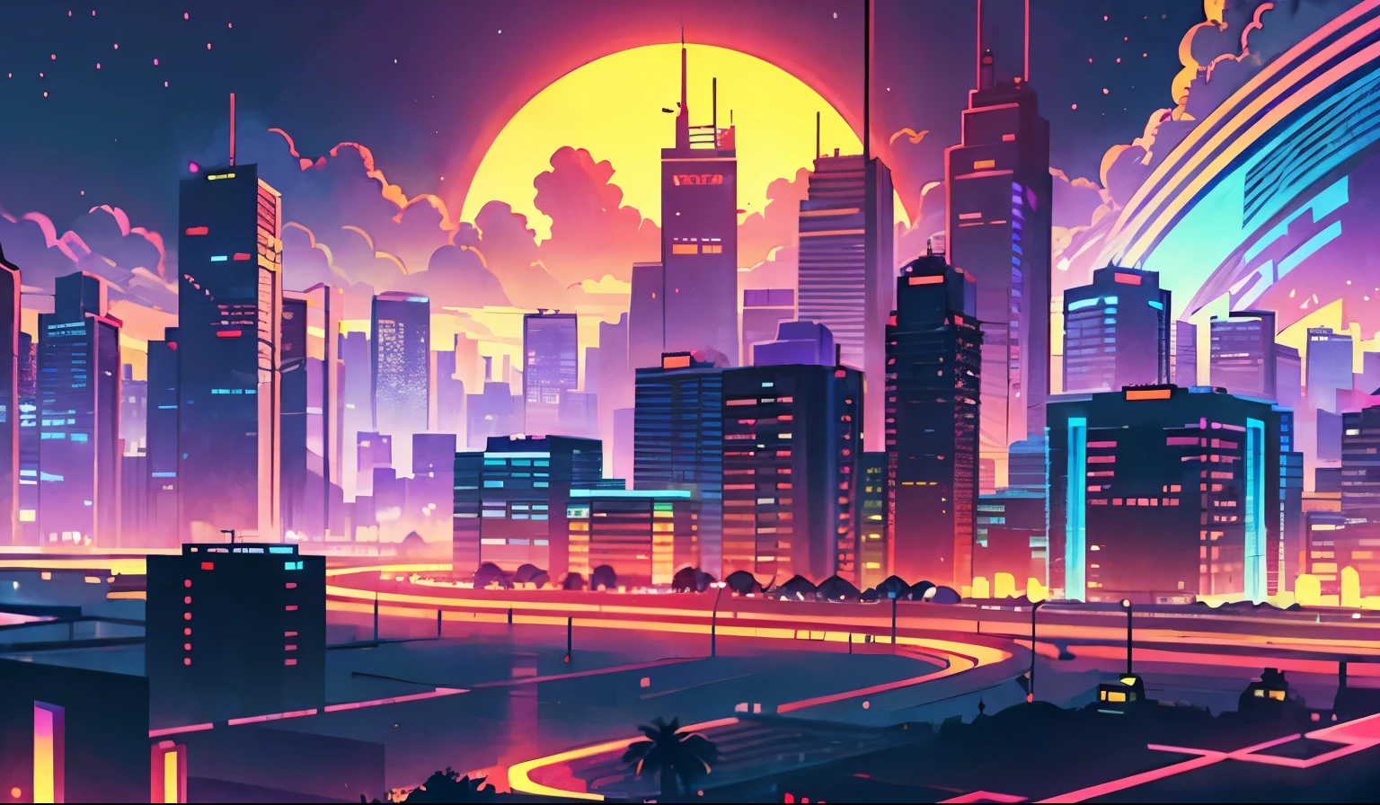 retrowave. synthwave, cyberpunk, city, purple neon lights, rainbow neon lights in city, sunset, mountain, palm trees,