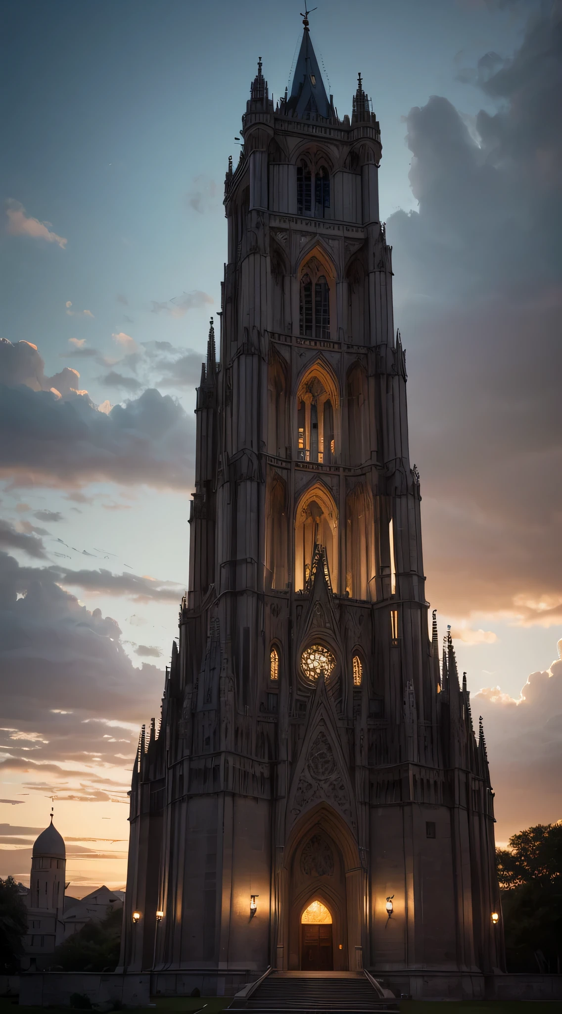 Create a masterpiece of the highest quality, presenting a medium cinematic shot of the exterior of a medieval fantasy watchtower made of dark granite. The watchtower , tall and slender, embodies an architectural fusion inspired by Romanesque grandeur with subtle influences of Gothic style. The tower should emanate elegance and elaboration, with an imposing presence that captivates the viewer. The architectural design, while rooted in historical plausibility, should also introduce innovative and original elements, offering a fresh perspective on medieval fantasy aesthetics. Pay meticulous attention to the composition of the image, ensuring a perfect balance and harmony that highlights the tower's grandeur. The lighting should accentuate the intricate details of the granite structure, casting shadows that enhance the watchtower's depth. Medium cinematic shot of a medieval fantasy watchtower made of dark granite. The watchtower is tall, slender, and exhibits a unique architectural fusion of Romanesque and Gothic styles. It exudes elegance, elaboration, and imposing grandeur with original and innovative design elements, creating a fresh take on medieval fantasy aesthetics. Type of Image: High-quality digital illustration.
Style: Medieval Fantasy, Cinematic. Elements to Highlight: Tall and slender dark granite watchtower, architectural fusion of Romanesque and Gothic styles, elegance, elaboration, imposing grandeur, original and innovative design elements, perfect composition with balanced lighting.