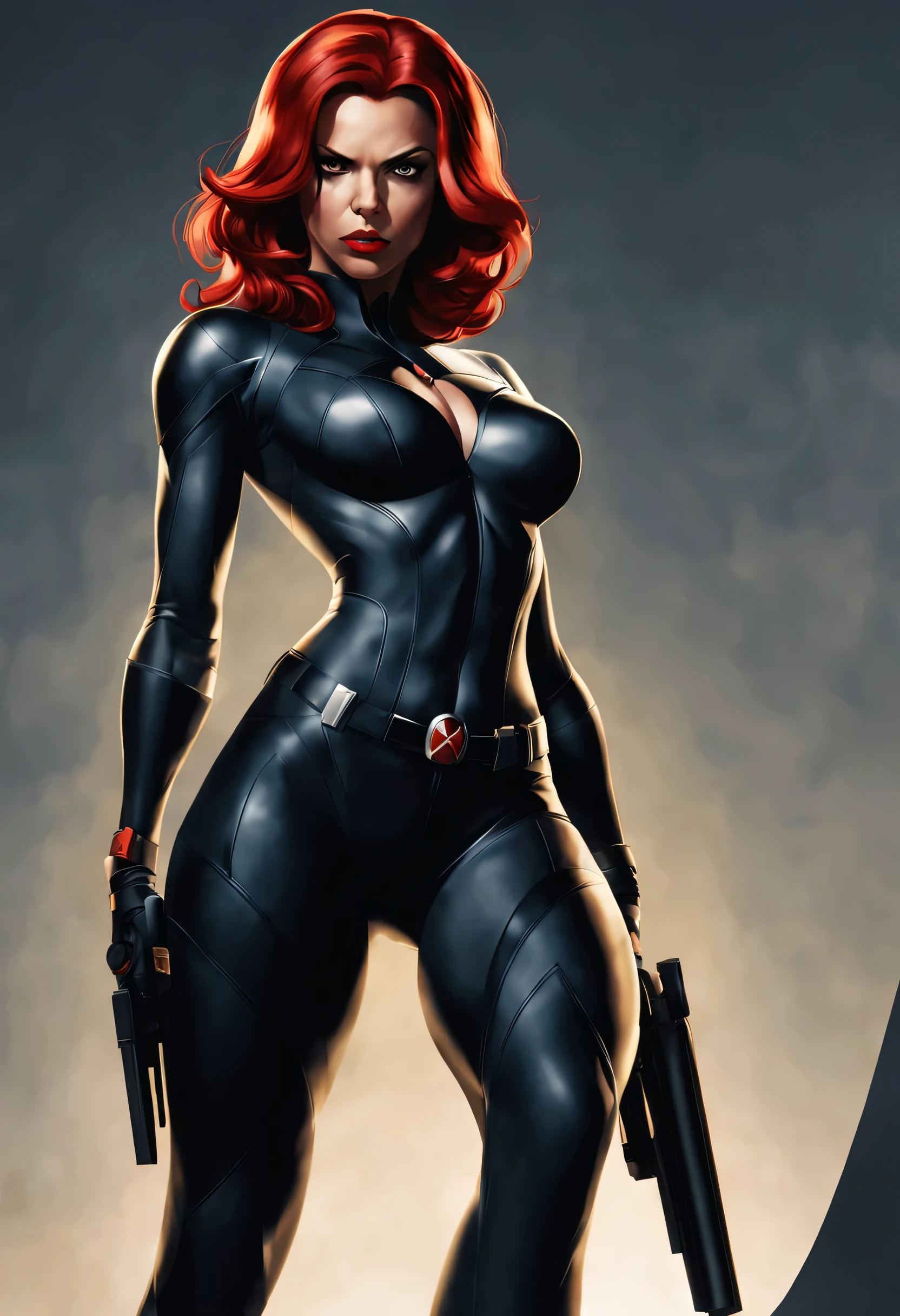 Black Widow Marvel character. Full body. Red hair. Sexy standing pose. Very beautiful. Simple background. Alex Ross style