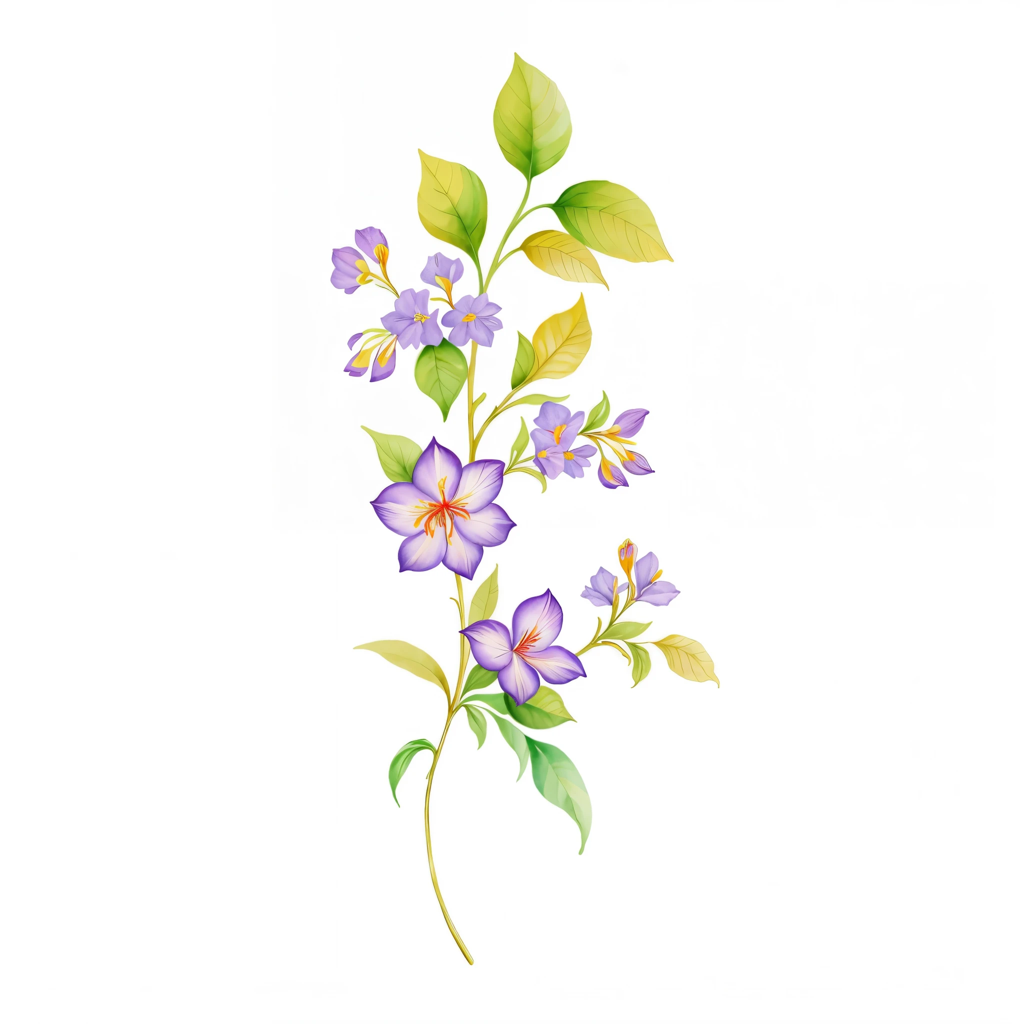there is a painting of a flower with leaves and flowers, with colored flowers, elegant flowers and foliage, patchy flowers, violet flowers, jasmine, flowers and stems, flowers smooth blooming, delicate garden on ,elegant floral renewal, botanic watercolors, blooming flowers, watercolor smooth illustration, anna podedworna, fantasy flowers and leaves, botanical, by Maksimilijan Vanka