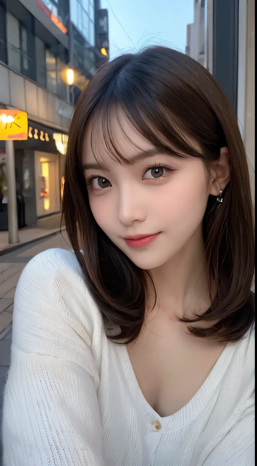 masutepiece, Best Quality, Illustration, Ultra-detailed, finely detail, hight resolution, 8K Wallpaper, Perfect dynamic composition, Beautiful detailed eyes, Winter dress,Medium Hair, Small breasts, Natural Color Lip,Smile,Big city、20 years girl、Midnight、beautifull detailed face、Perfect and beautiful face、slim face and style,Spread your arms wide,Big eyes,Take a photo from below the knees at a face angle