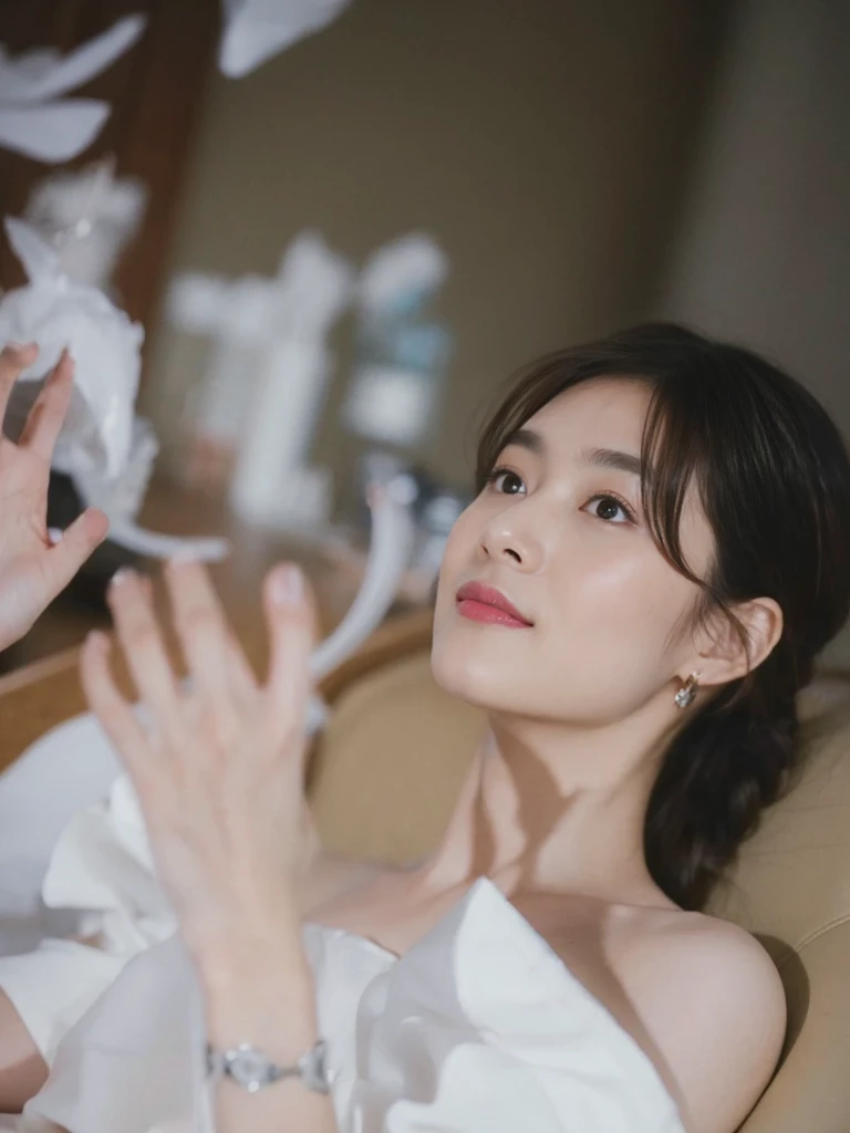 (On a table, Best quality, realistically, ultra - detailed, meticuloso, A high resolution, 8k wallpaper), Close-up portrait of a beautiful woman, Chariada, Smiling, light brown messy hair, Perfect dynamic composition, 美丽meticuloso的眼睛, Just like the cover of a fashion magazine, On campus