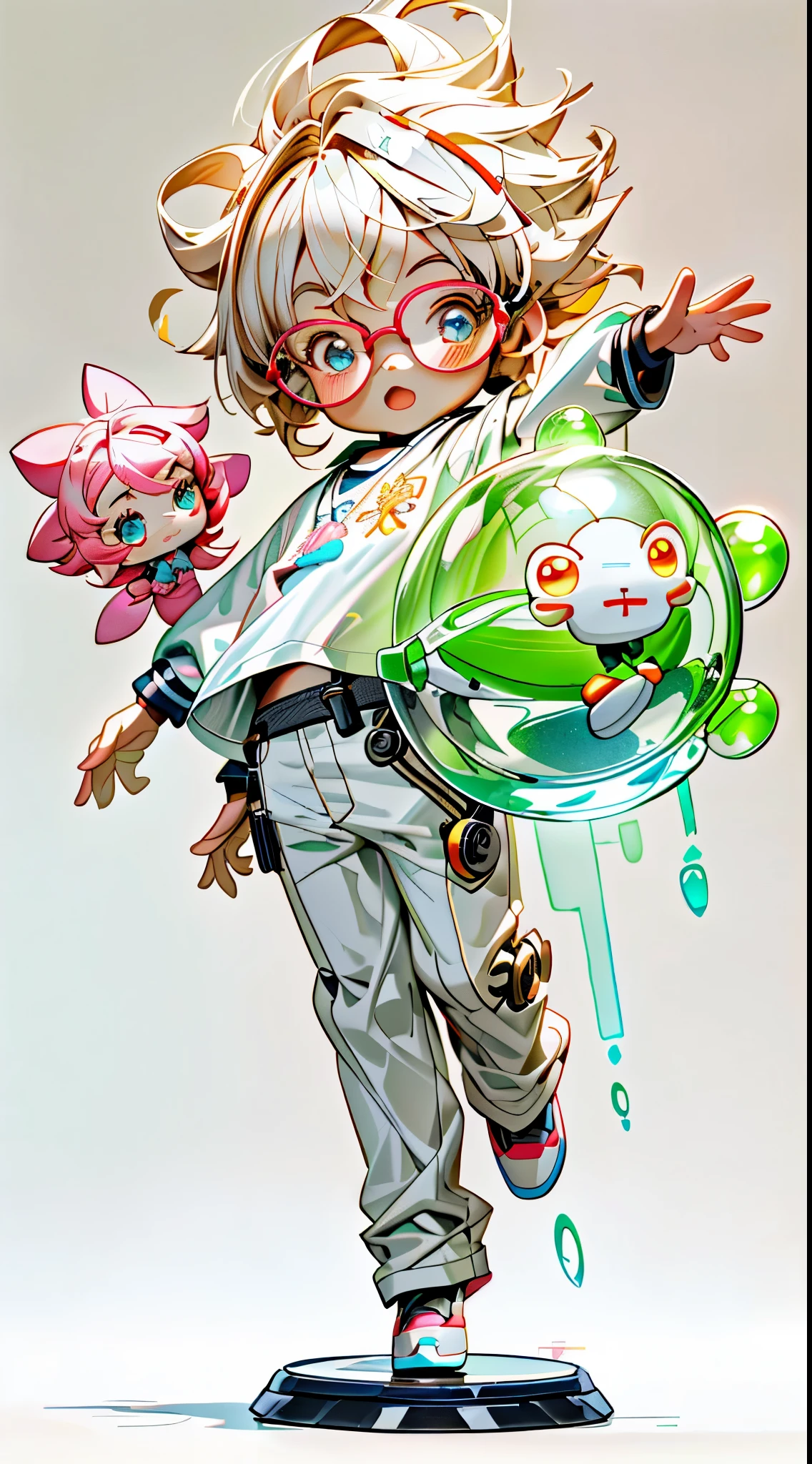 Boy little boy glasses full body 3d picture, 1pc, good eyes looking, largeeyes, adolable, having fun, Pop Matt Blind Box, Glowing bubbles, toys, solid color backdrop, tchibi, Fluorescent transmission, luminous body, kawaii, dolls, (((programmer, white shirt))), pop mart盲盒, complexdetails, 3Drenderingof, fol body reference sheet, dribble, studio lighting, loli, petite, child, chibi, SD character:1.1, magic lab background, c4d, reference sheet, Pixar, blender, OC renderer, high details, 8k
